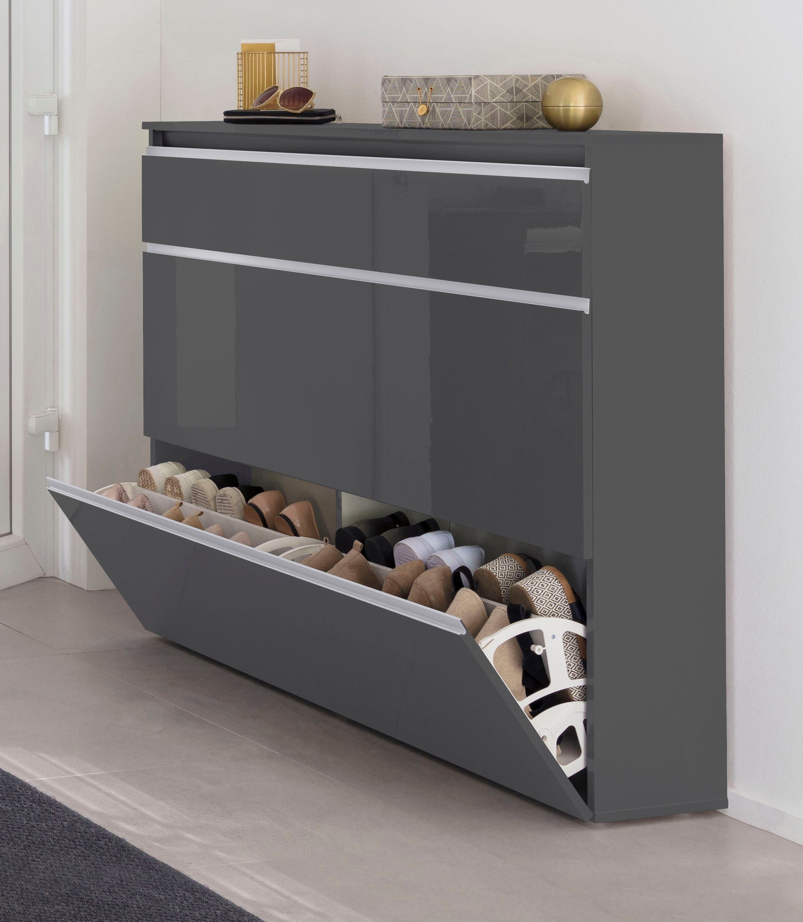 INOSIGN Schoenenkast Magic schoenenkast, schoenencommode, schoenenrek, soft grip 3 kleppen, dubbele schoenrollen volledig hoogglans gelakt breedte 120