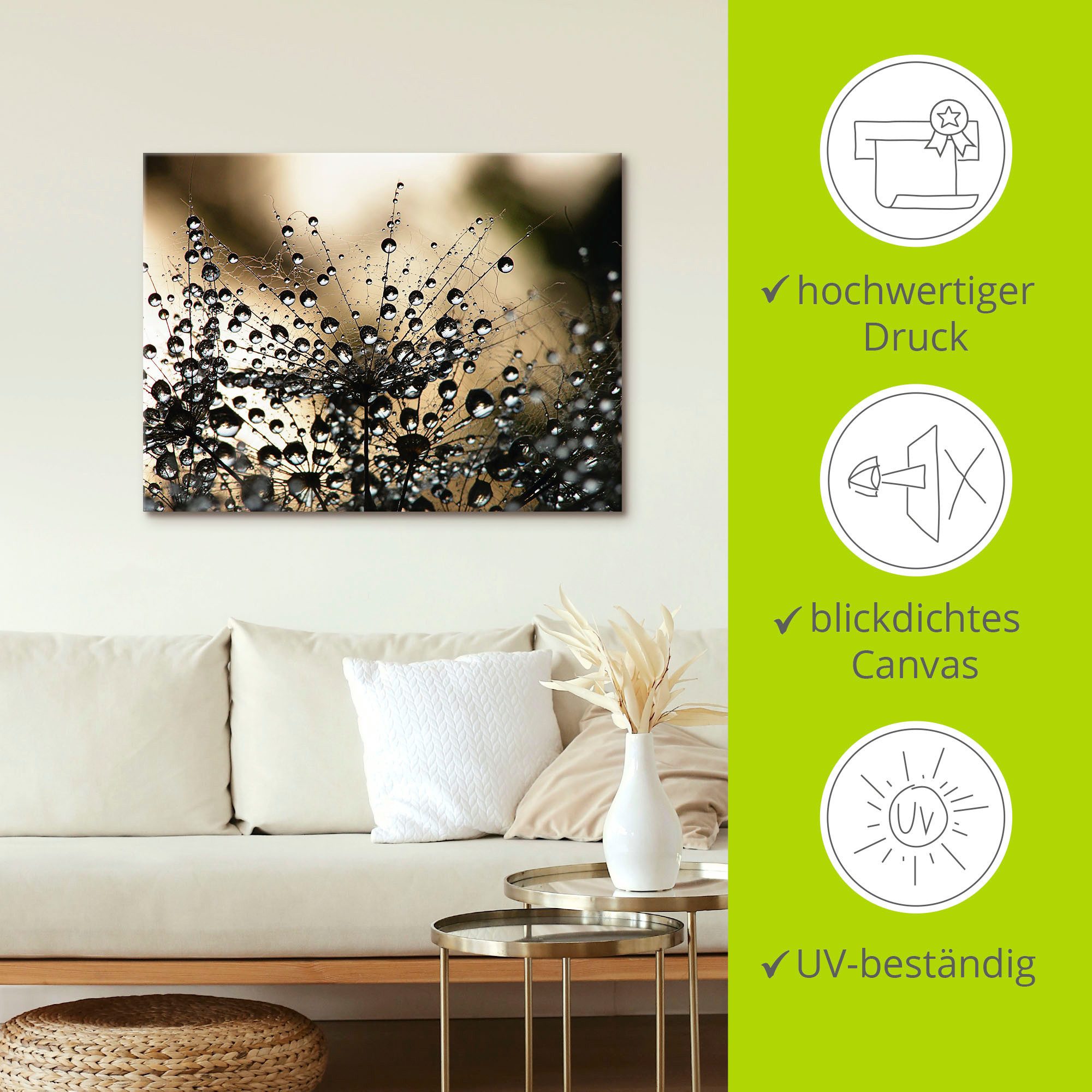Artland Artprint Natte paardenbloem als artprint van aluminium, artprint voor buiten, artprint op linnen, poster, muursticker