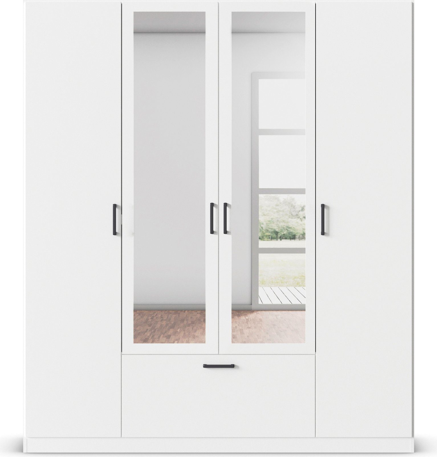rauch Draaideurkast Kledingkast kast garderobe waskast BARI met spiegel met lades in het midden, moderne greep in grijs metallic made in germany