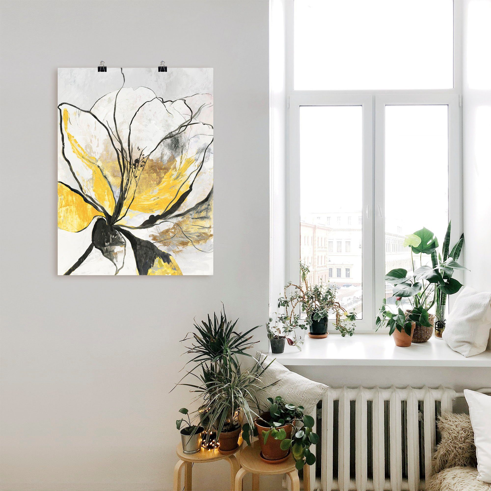 Artland Artprint Geschetst bloemdessin I gele versie als artprint van aluminium, artprint voor buiten, artprint op linnen, poster, muursticker