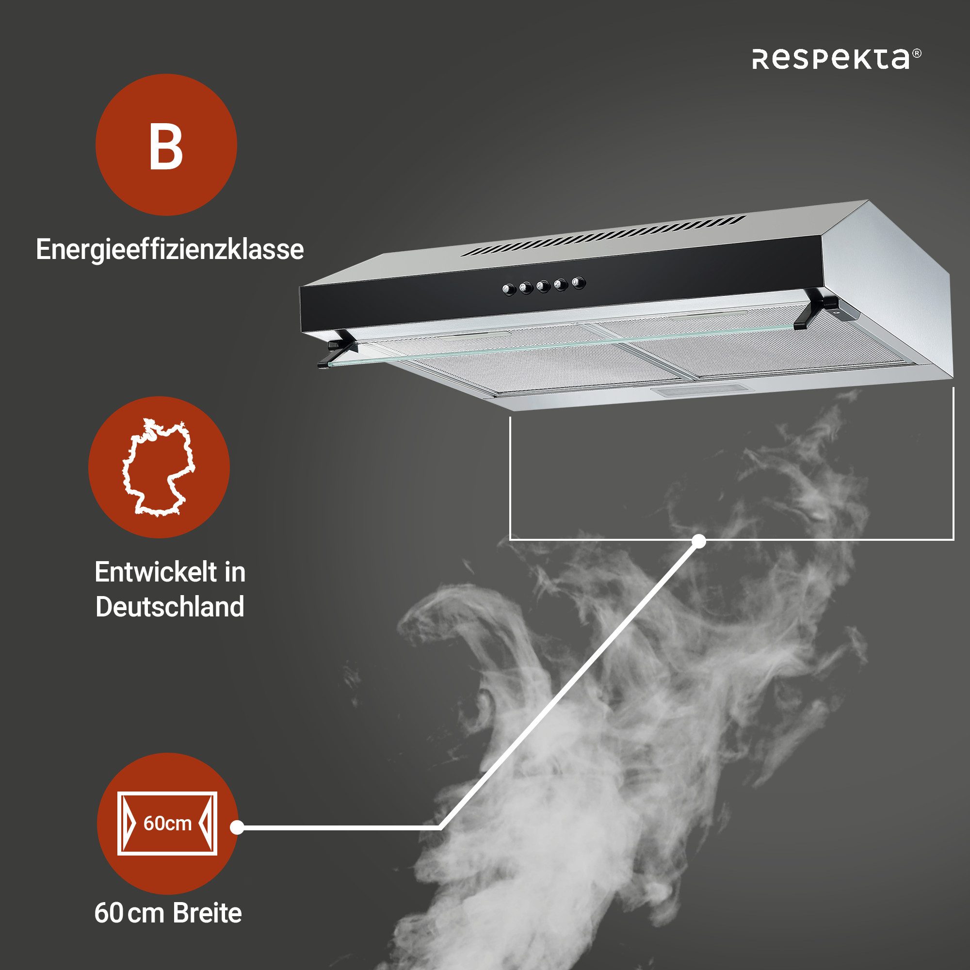 RESPEKTA Onderbouwkap CH 16060 SGB 60 cm, 3 vermogensniveaus, led-verlichting, geschikt voor afzuiging en recirculatie