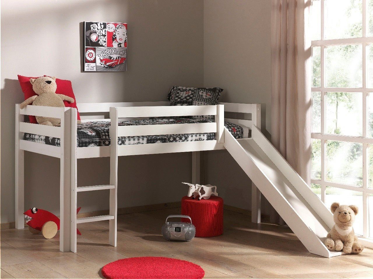 Vipack Hoogslaper Pino, incl. lattenbodem, ladder, glijbaan en valbeveiliging hoogslapers wit