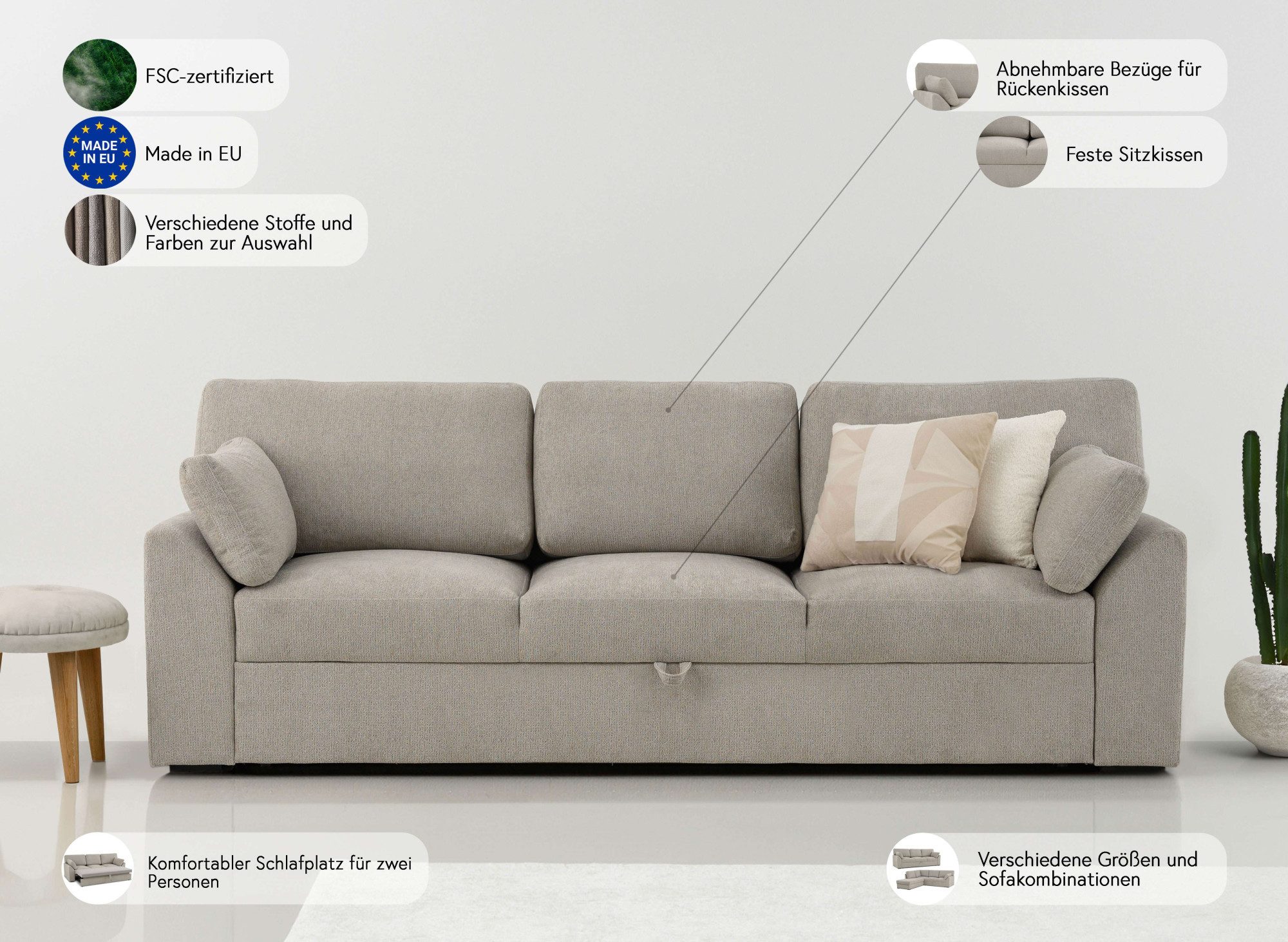 Home affaire 3-zitsbank Citry Breedte 233 cm, chenille, met bedfunctie, ligoppervlak 144x190 cm