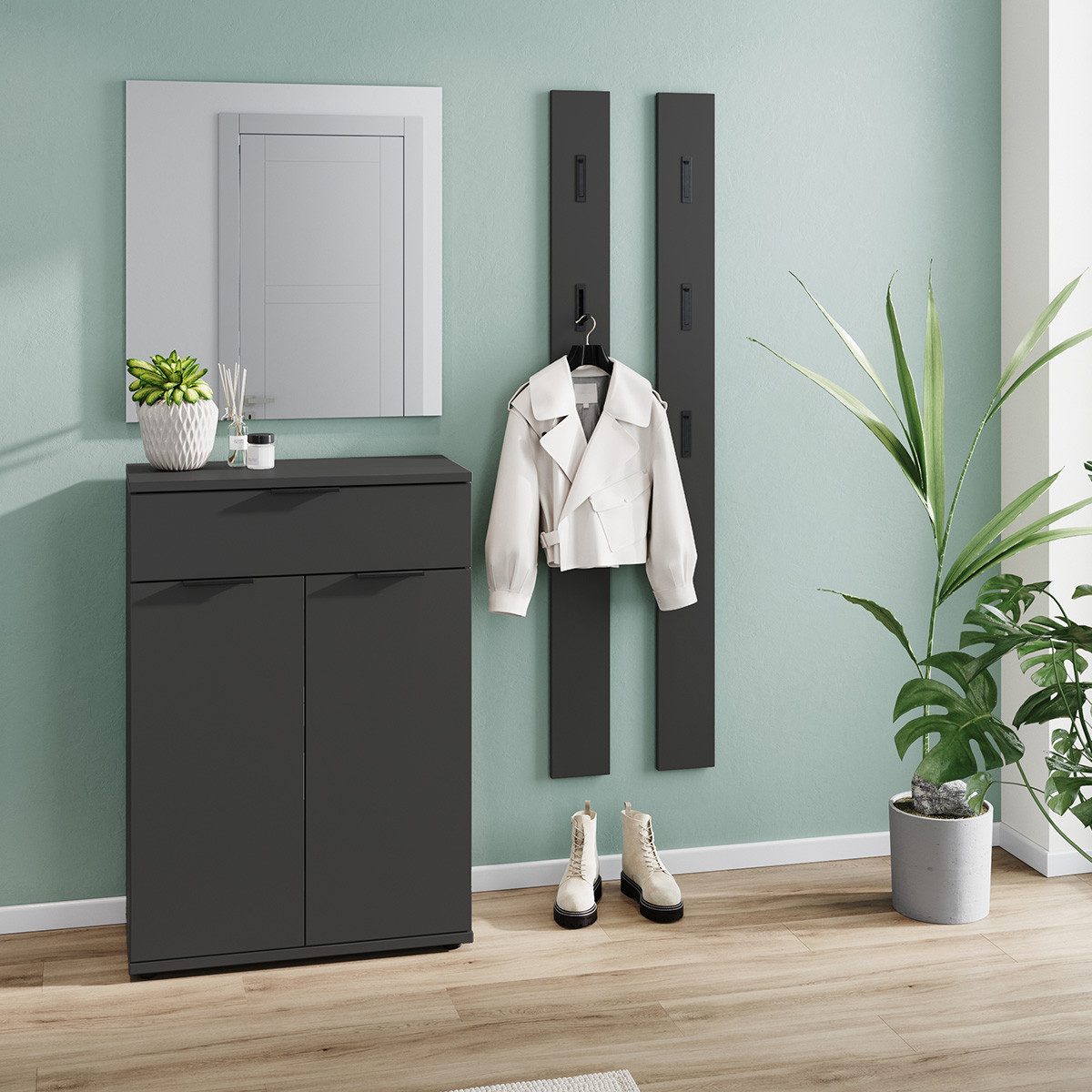 GERMANIA Halmeubelset Stanton Garderobe-set bestaande uit 1 schoenenkast, 1 spiegel en 2 panelen (4-delig) wandkapstokken grijs