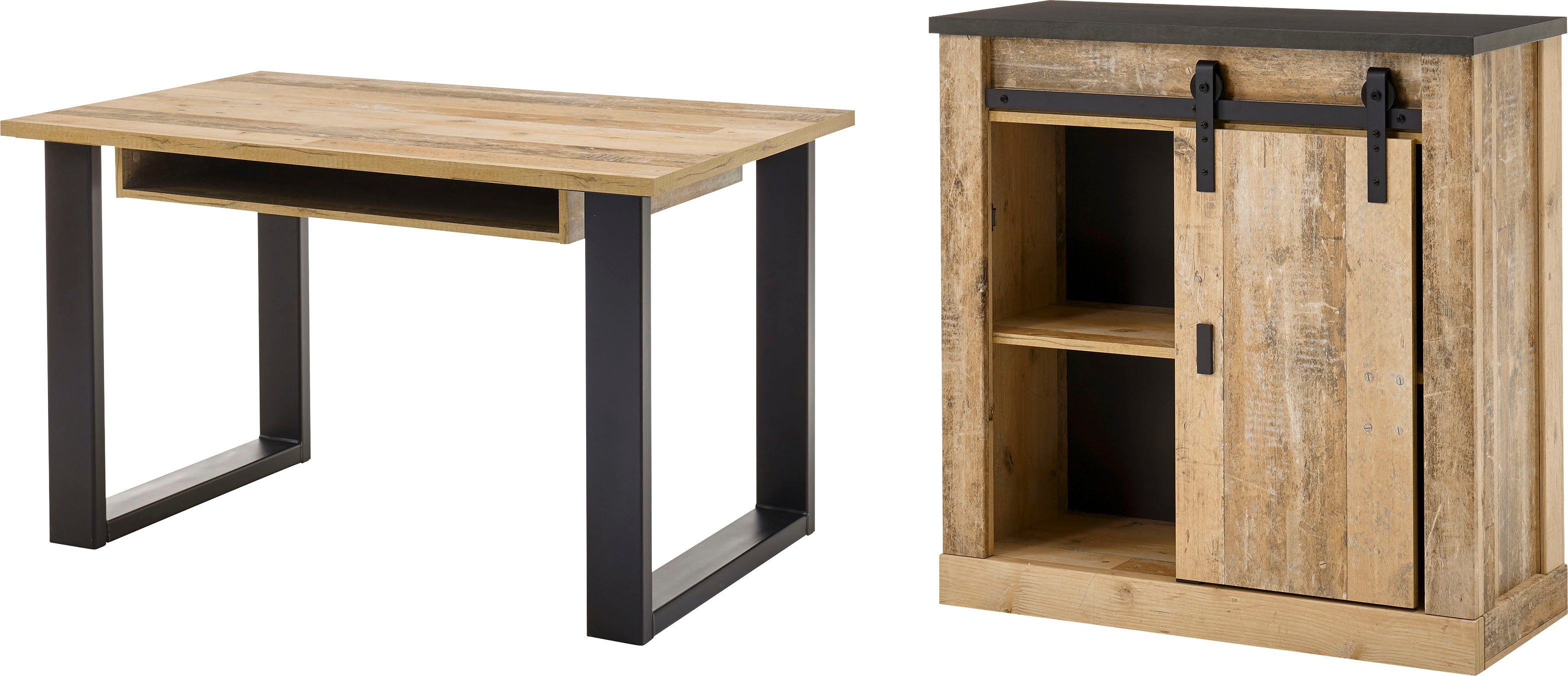Home affaire Kastenset Sherwood Kantoormeubelenset met schuurdeurbeslag van metaal, breedte ca. 220 cm (2-delig) garderobekasten bruin