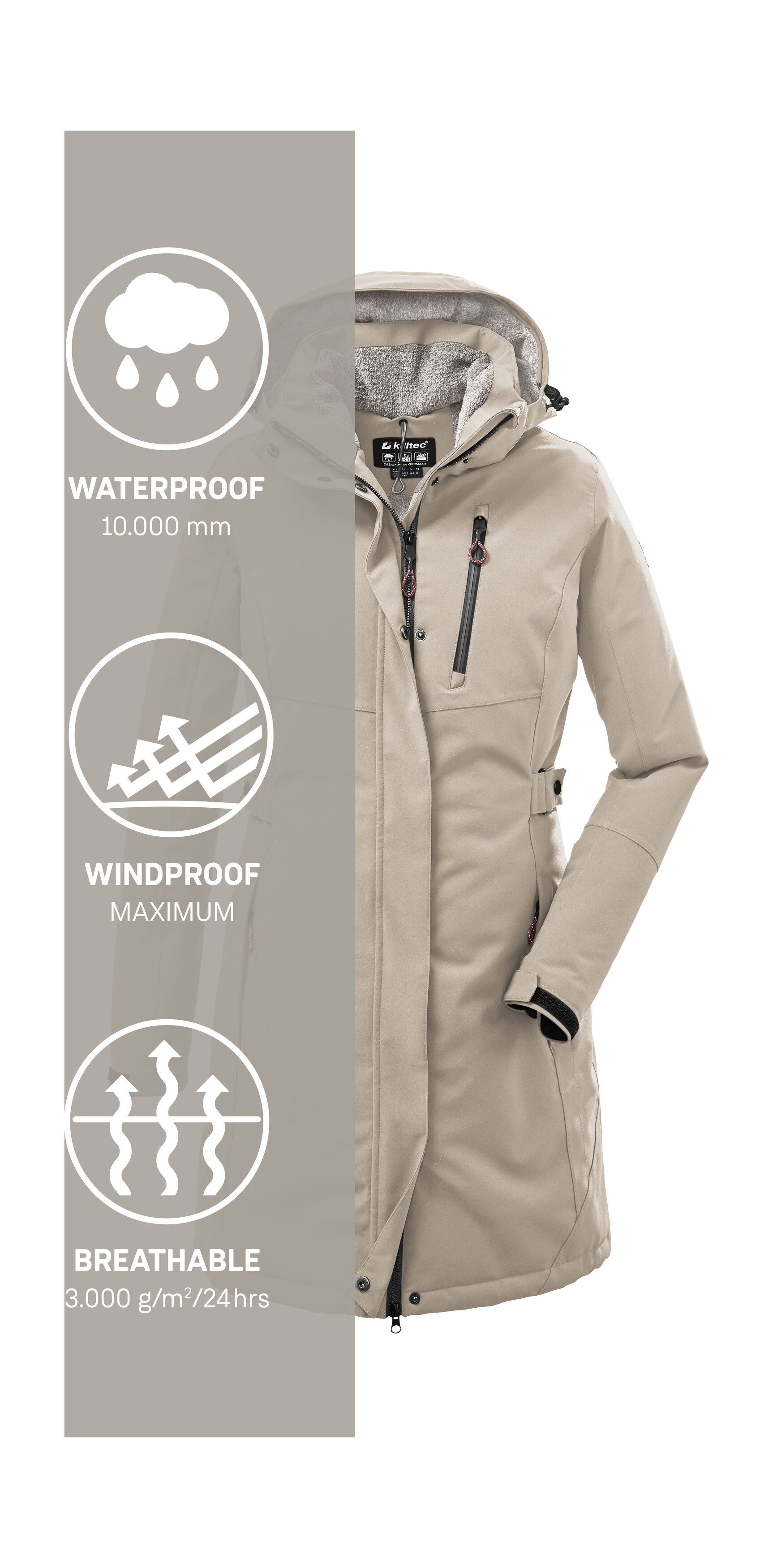 Killtec Parka KOW 165 WMN PRK Water- en winddichte parka met teddyfleece en afneembare capuchon