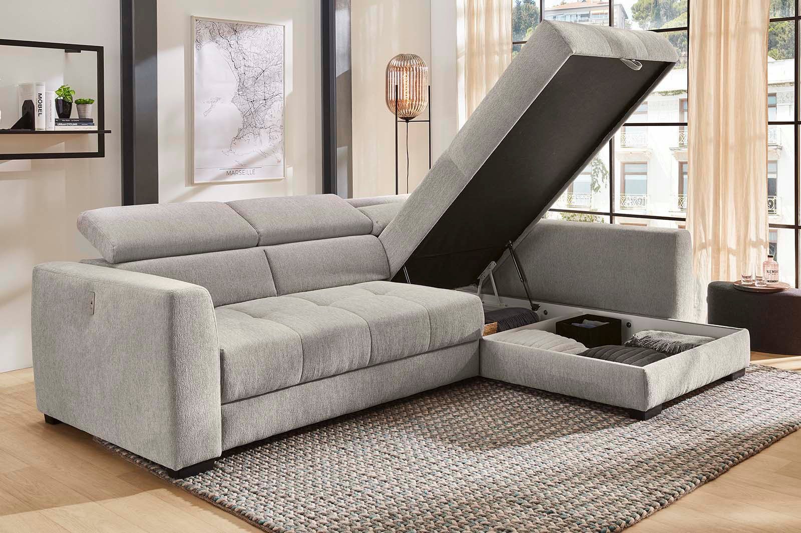 Jockenhöfer Gruppe Hoekbank San Marino L-vorm met elektromotor voor verstellen van de zitdiepte (ca. 30 cm), bedlade