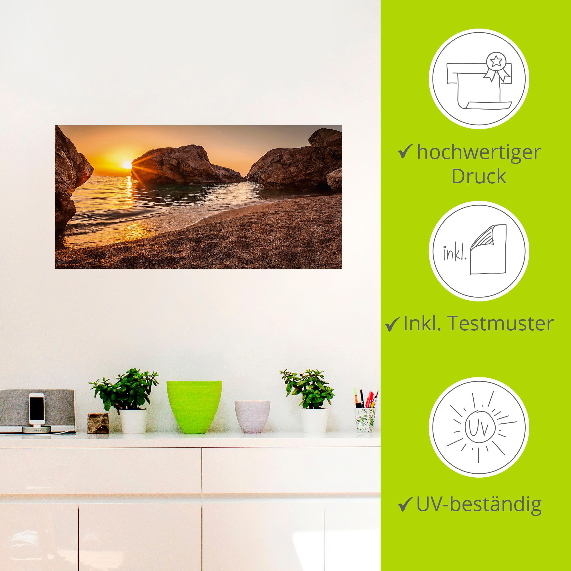 Artland Artprint Zonsondergang en strand als artprint van aluminium, artprint voor buiten, artprint op linnen, poster, muursticker