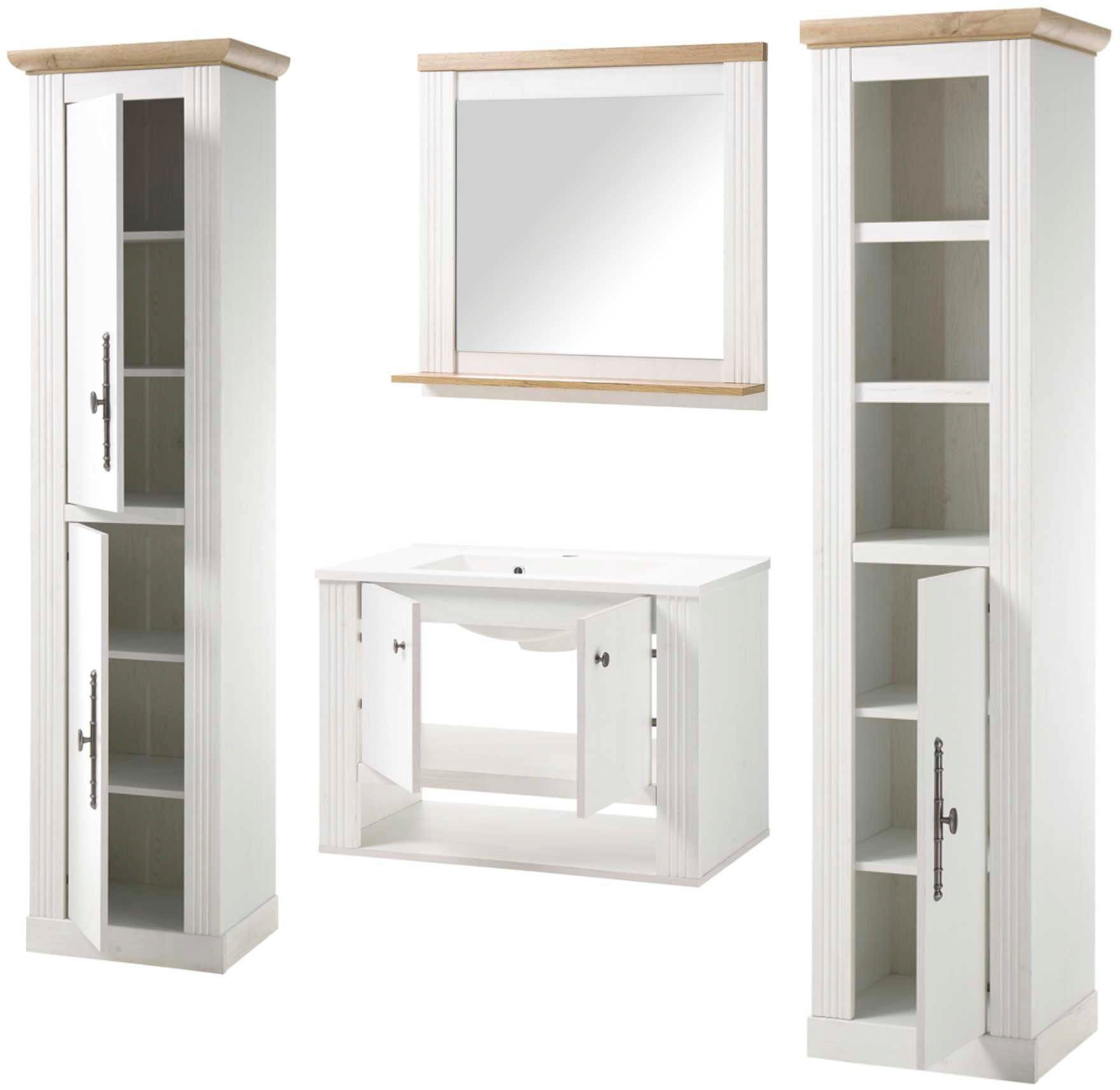 Home affaire Badkamerserie WESTMINSTER, badkamer in landhuisstijl, 4-delig badkamer Wand-wastafel, spiegel, 2 hoge kasten, in 2 kleuren, breedte 220 cm (4-delig)