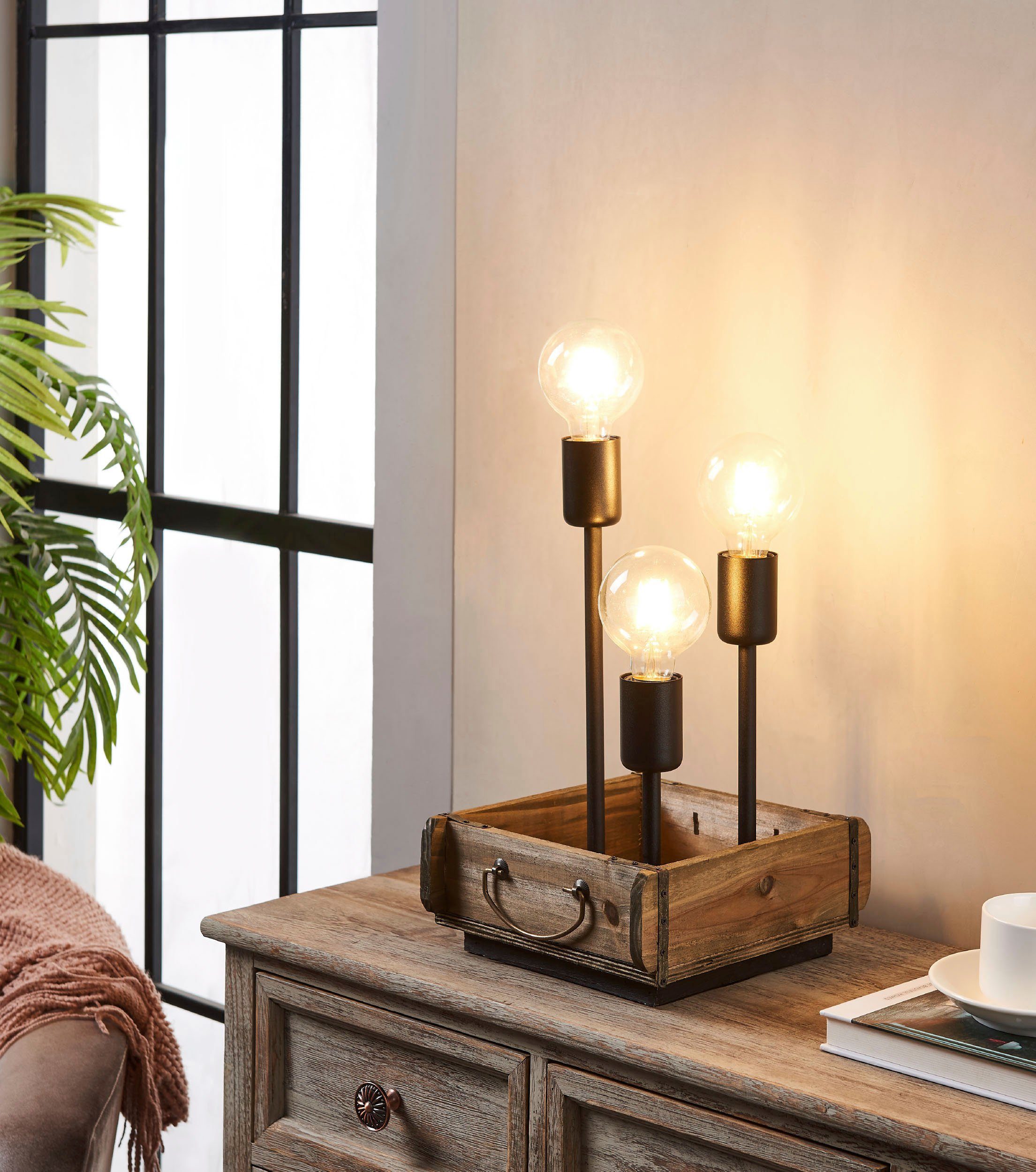 EGLO Tafellamp WOOTTON Tafellamp in bruin en zwart van hout, staal - excl. E27 - 40W (1 stuk)