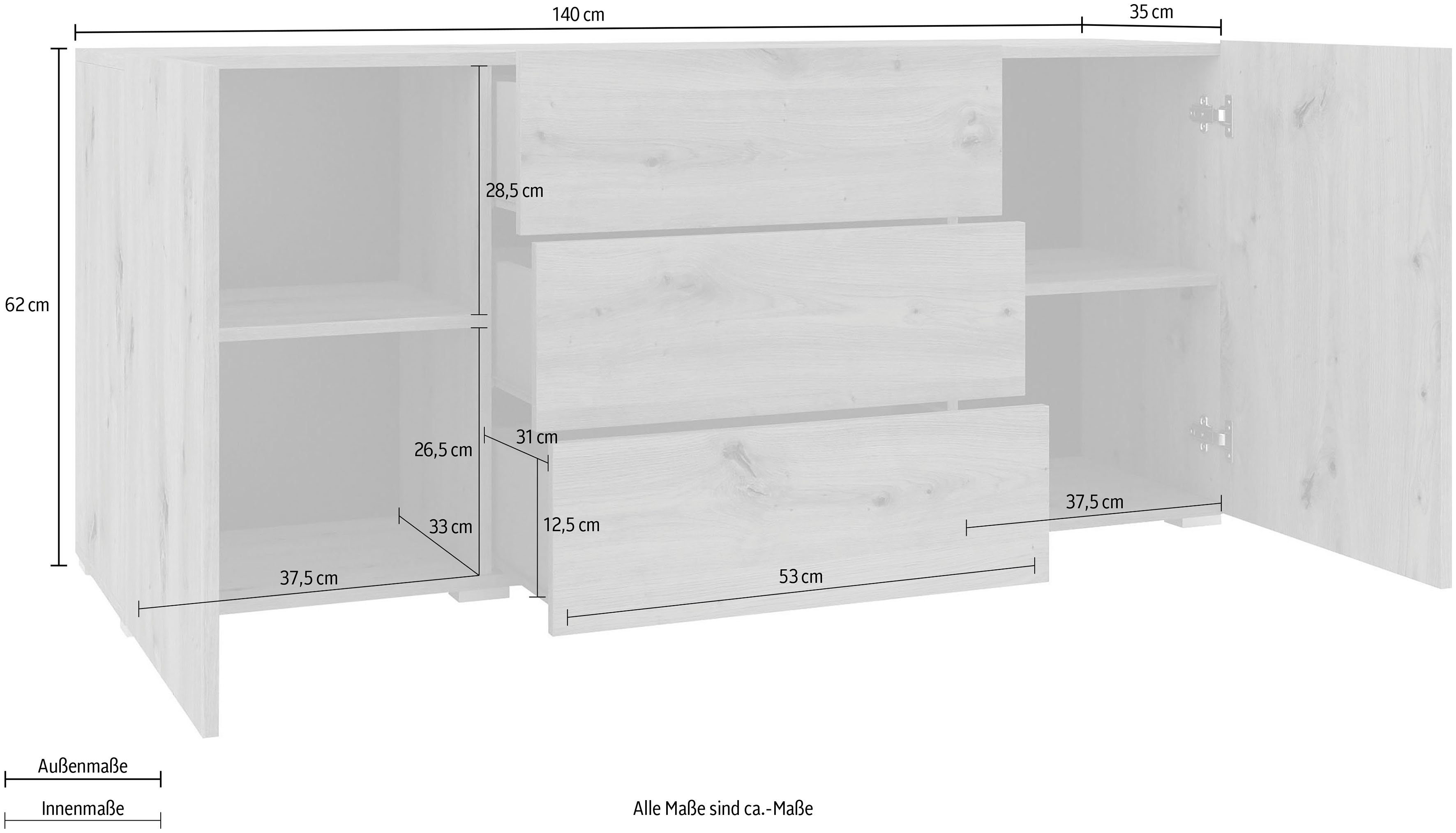 INOSIGN Dressoir Ava, breedte 140 cm, hangend en staand te monteren moderne grepless commode, ladekast, 2 deuren/3 lades