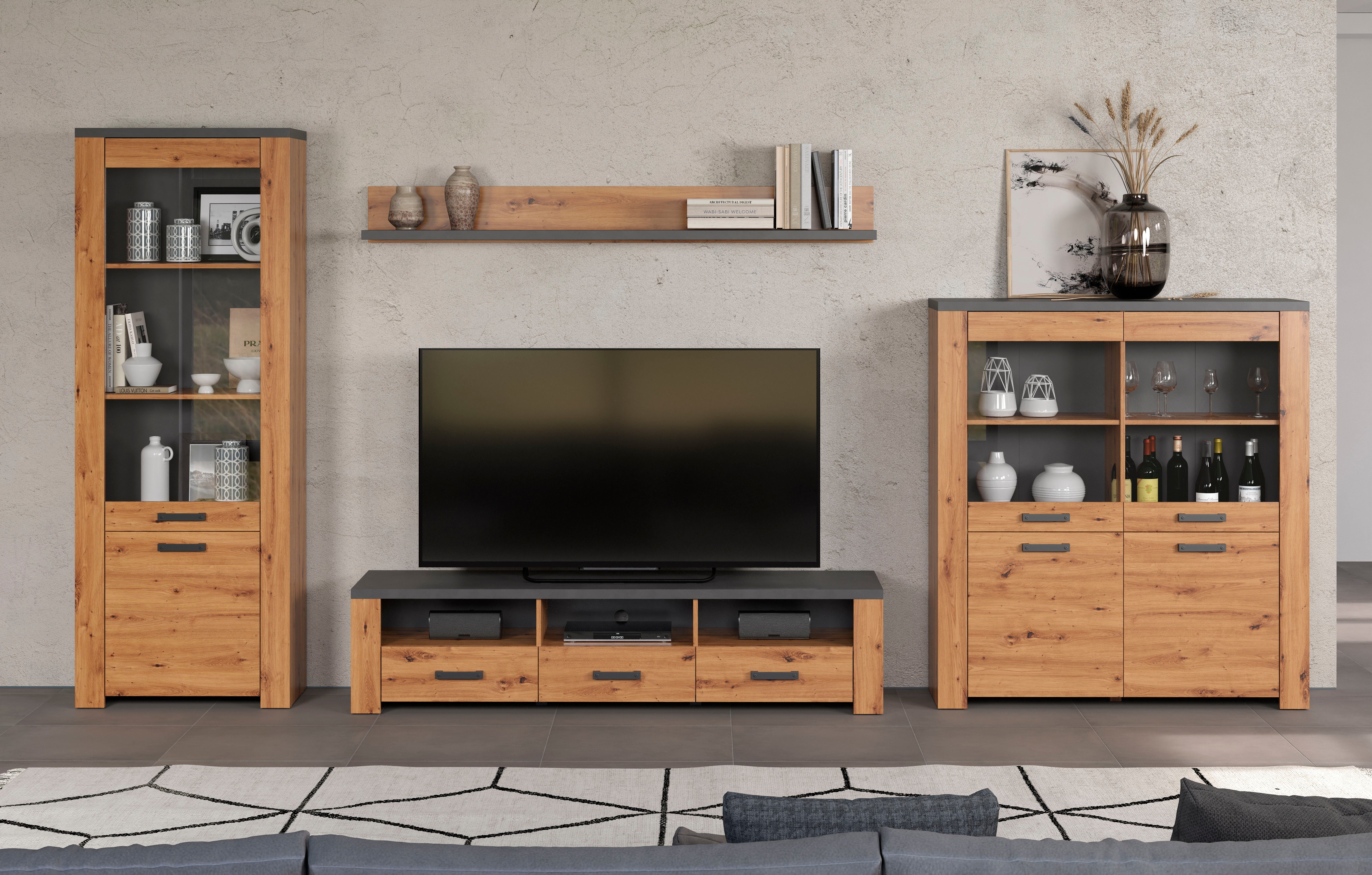 Home affaire Tv-wandmeubel Ambres Moderne tv-set, echt-hout-look, breedte ca. 409 cm, mat (4-delig) tv-wandmeubels bruin