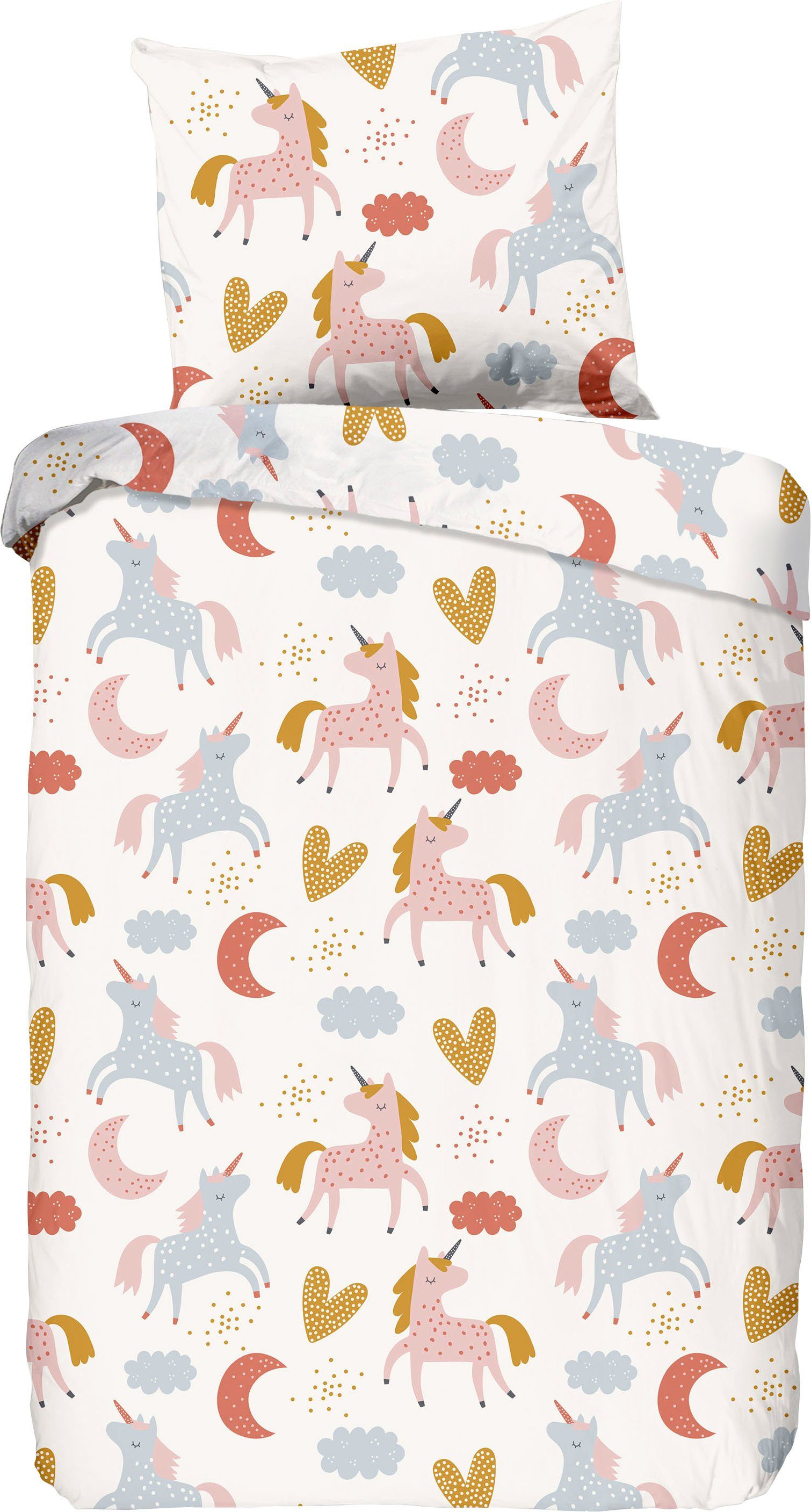 good morning Baby-overtrekset Unilove Katoen, 100x135, Rits, Baby, Meisje, Eenhoorn, Hartjes (2-delig)