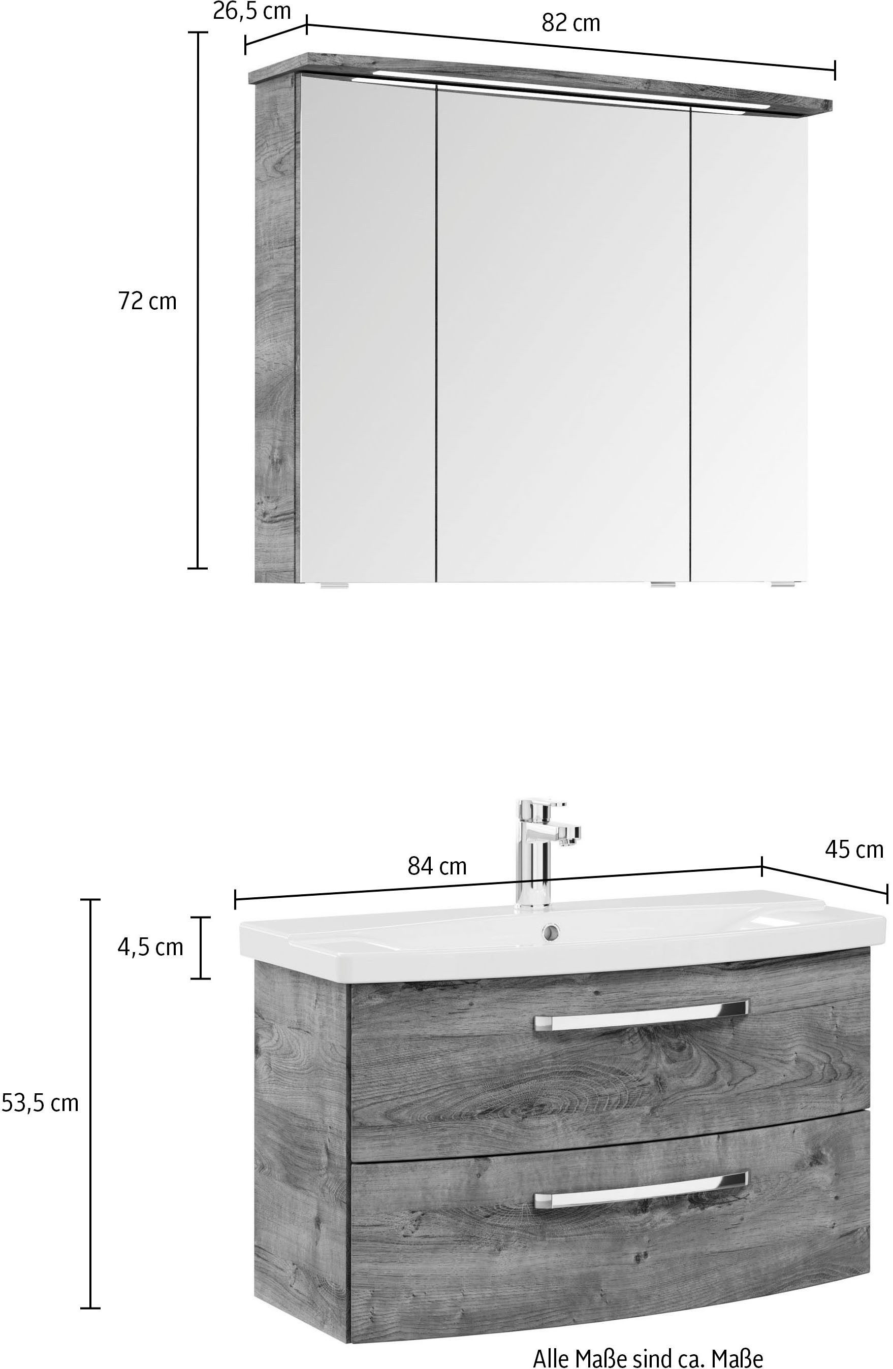 Saphir Badmeubelset Serie 4010 2-delig keramische wastafel met LED-spiegelkast Badkamer set 84 cm breed, incl. deurdemper, 3 deuren, 2 lades (set)
