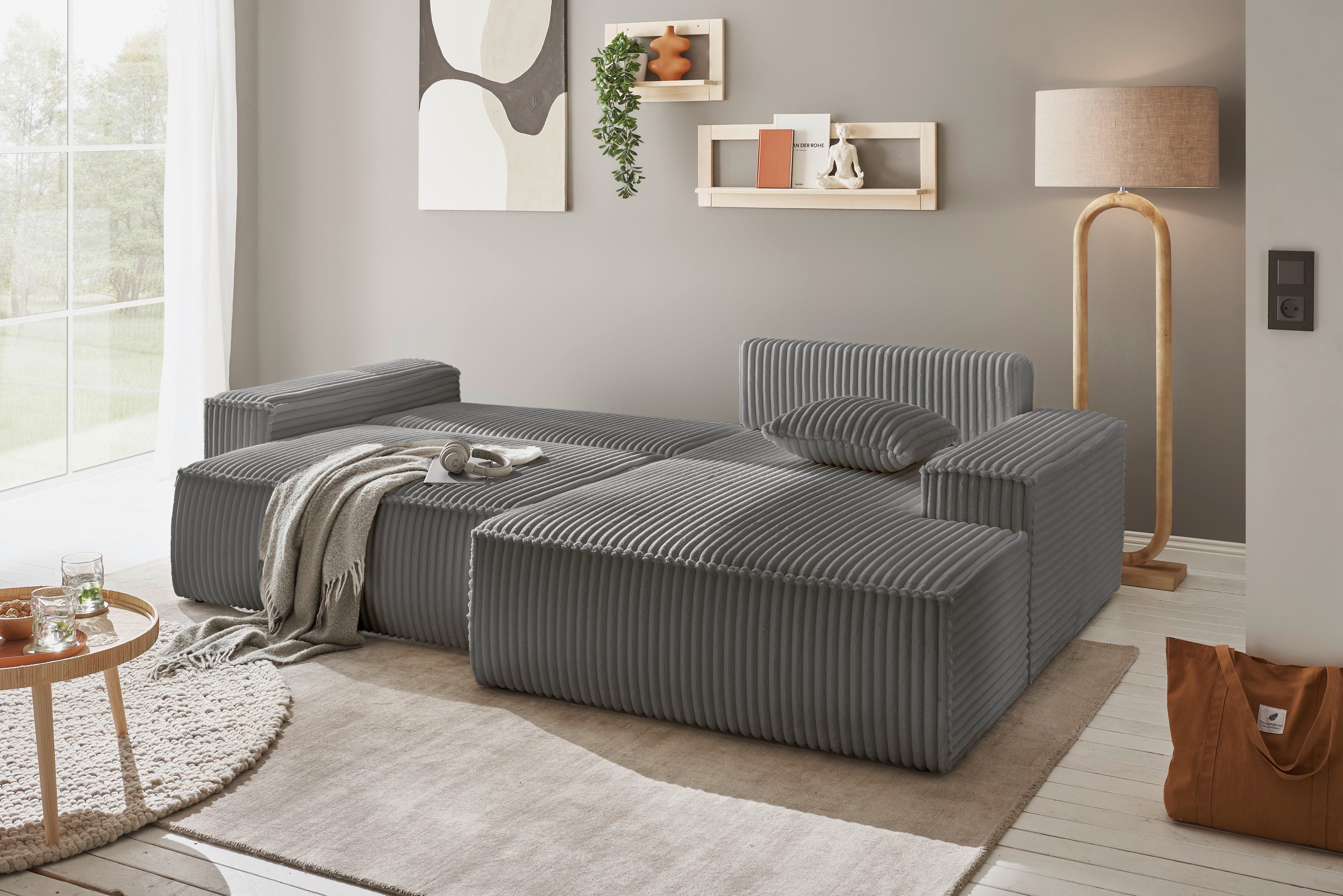 andas Hoekbank Finnley slaapbank 267 cm in Bouclé, fijne structuur en cord, L-vorm