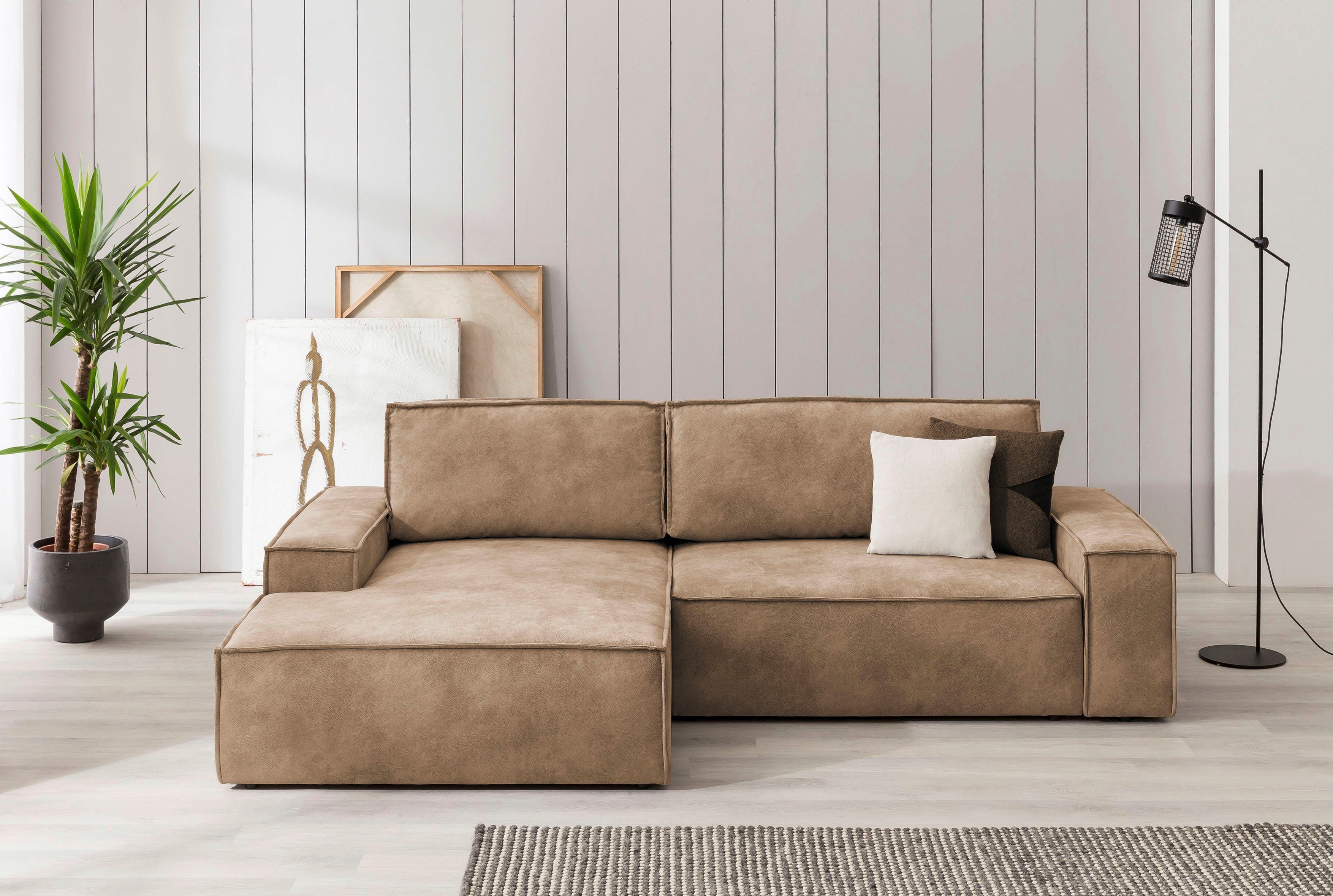 Home affaire Hoekbank SHERWOOD bedbank 267 cm, L-model, Slaapfunctie met bedlade (210x136 cm), cord, vintage, fluweel beige, hoekbanken, Recamiere