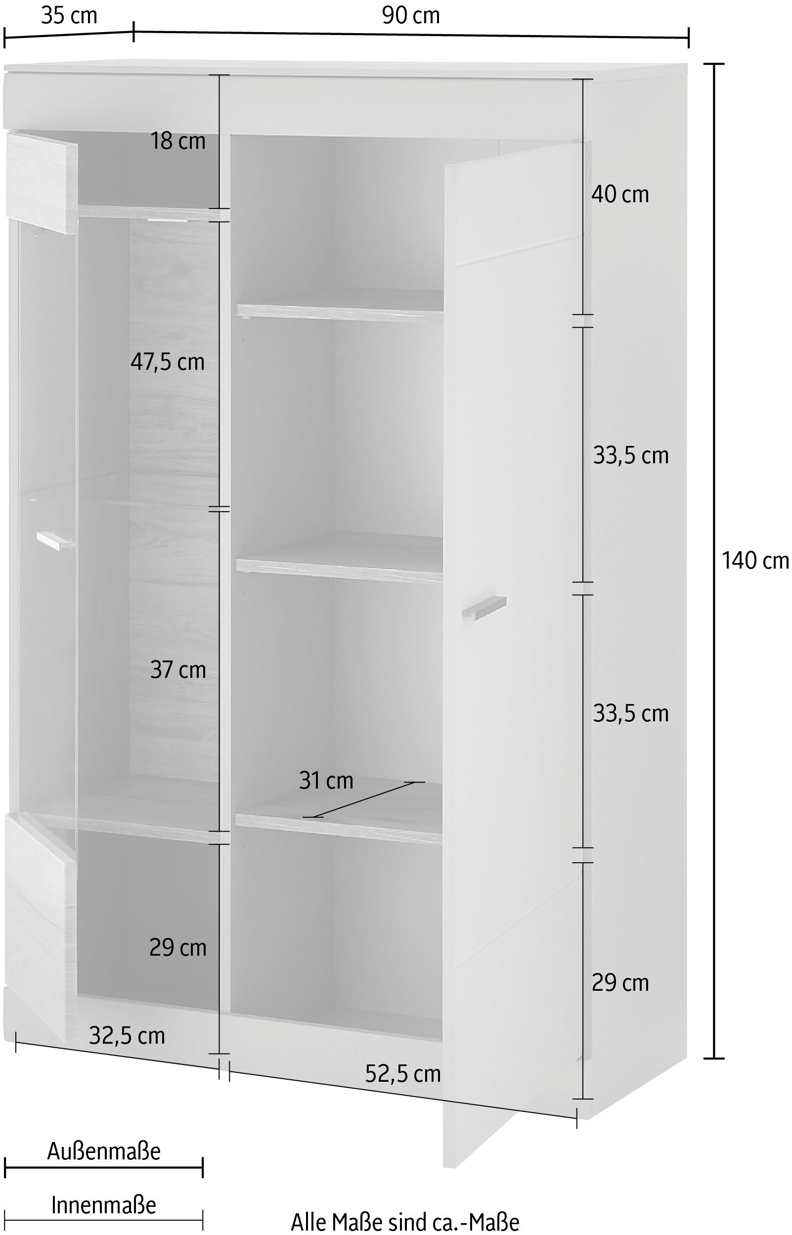 INOSIGN Vitrinekast SCARA met applicatie tineiken decor, breedte 90 cm, met soft-closefunctie