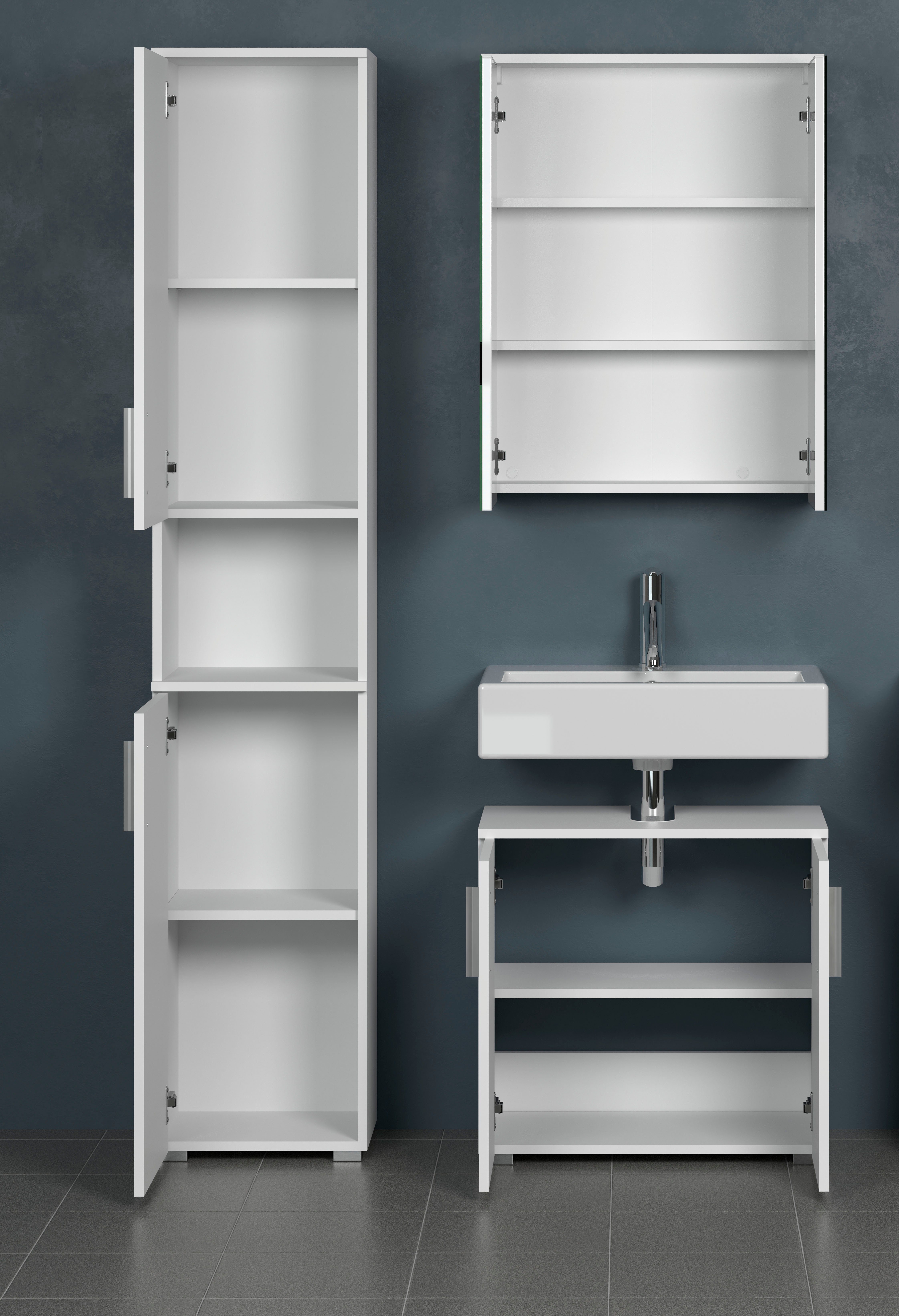 welltime Badkamerset Praag Hoge kast, wastafel en spiegelkast met verticale frezingen (set, 3 stuks)