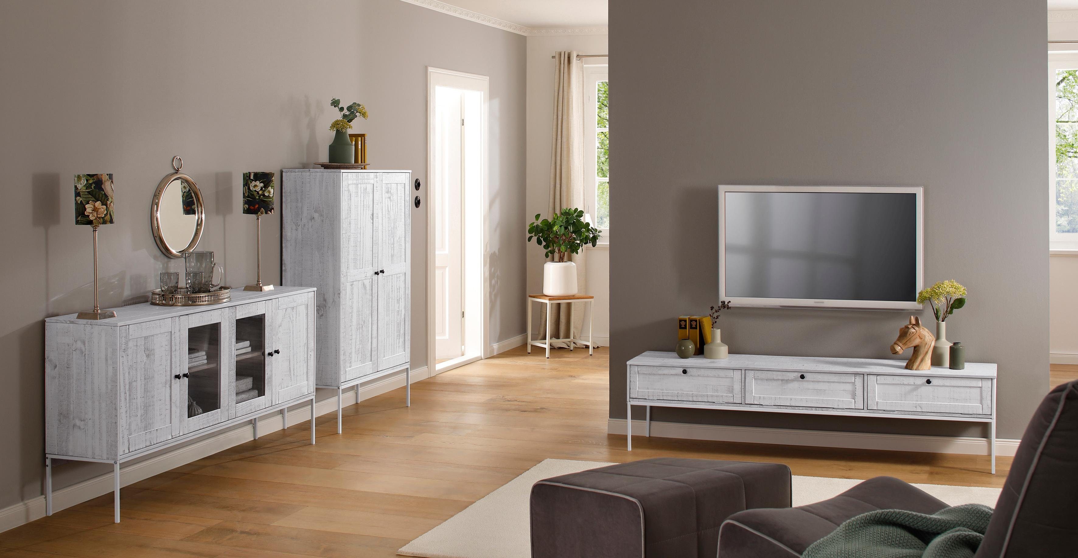 Home affaire Tv-meubel Freya Commode met 3 kleppen, metalen handgrepen, van massief hout, breedte 175 cm