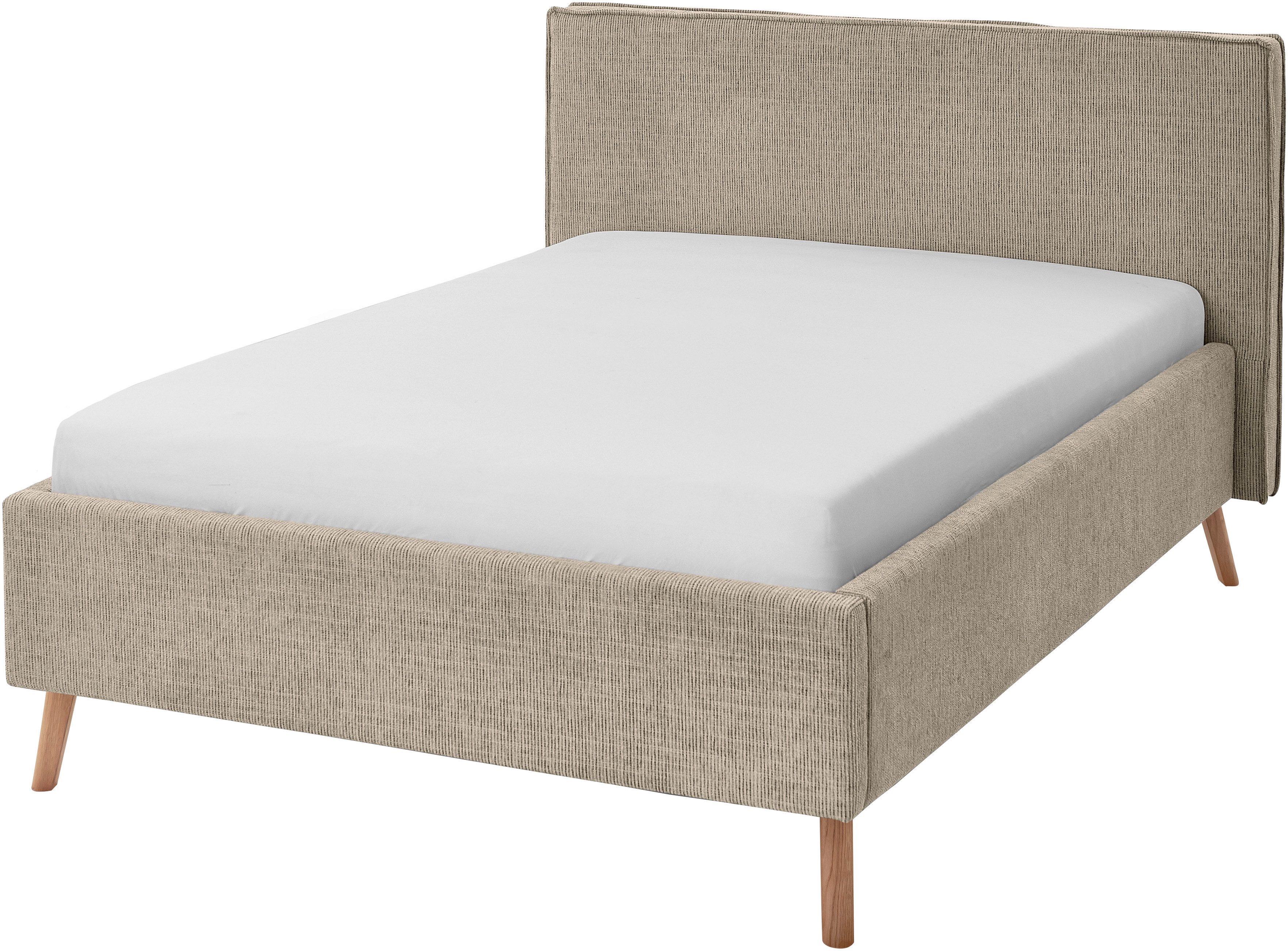 meise.möbel Gestoffeerd bed Riva met eikenkleurige houten poten, naar keuze met bedkist en lattenbodem