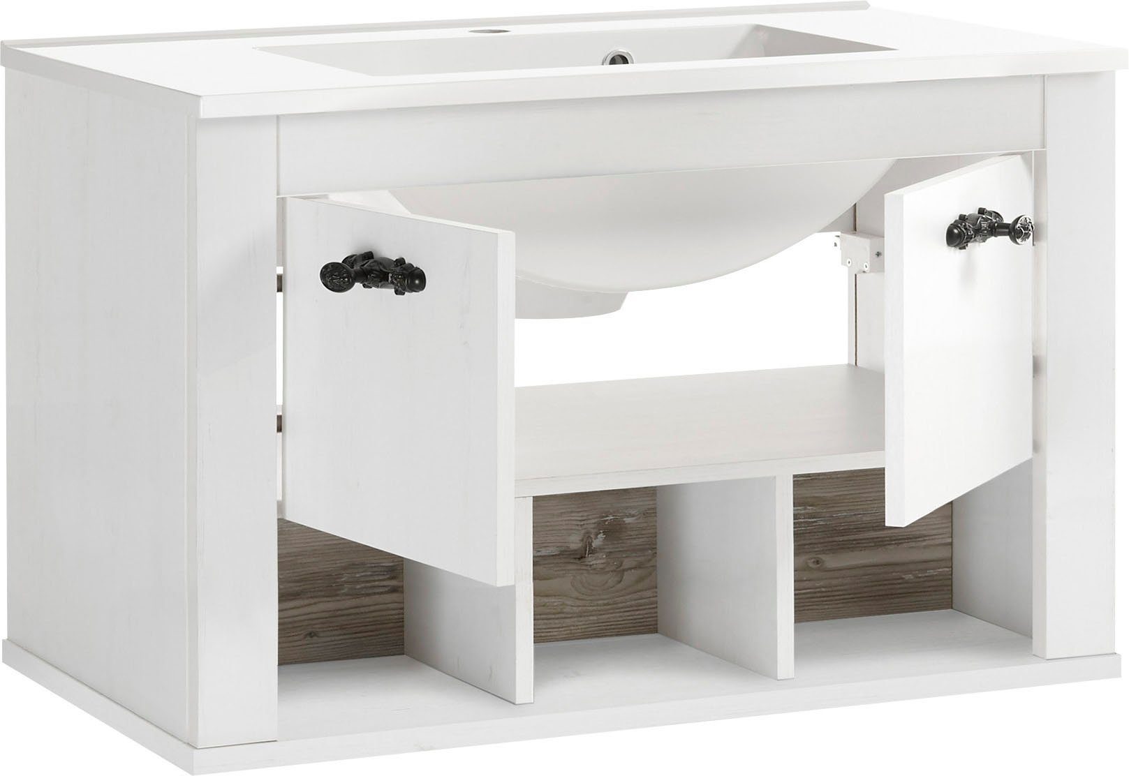 Home affaire Wastafelonderkast Florenz, wastafelonderkast incl. wastafel, metalen handgrepen in pinie wit, hangend, breedte 82 cm, incl. mineraalgietbekken