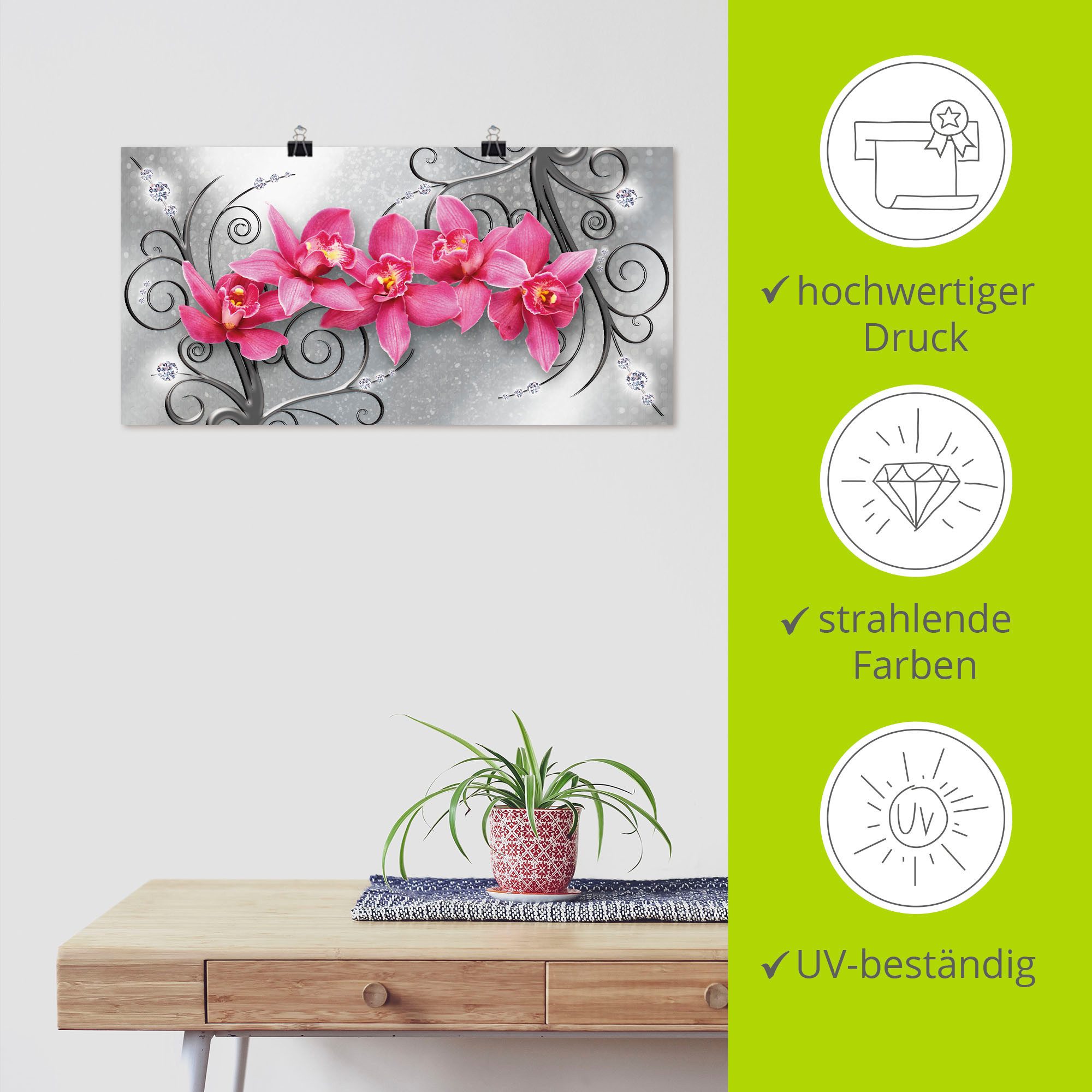 Artland Artprint Roze orchideeën op ornamenten als artprint van aluminium, artprint voor buiten, artprint op linnen, poster, muursticker
