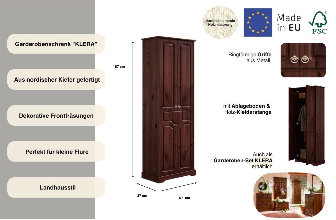 Home affaire Kledingkast Klera Gemaakt van massief, FSC-gecertificeerd grenen, 67 cm breed