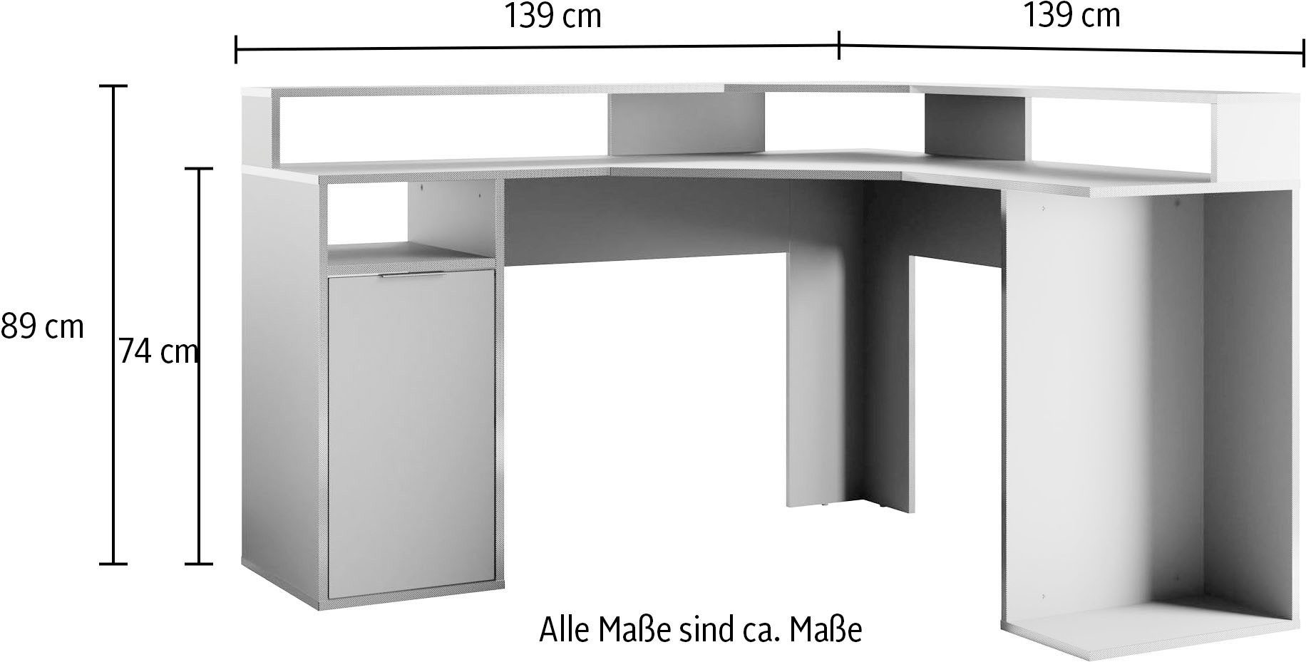 INOSIGN Hoekbureau Omaha Gamingtafel met deur, tower vak en monitorplank, breedte 139 cm