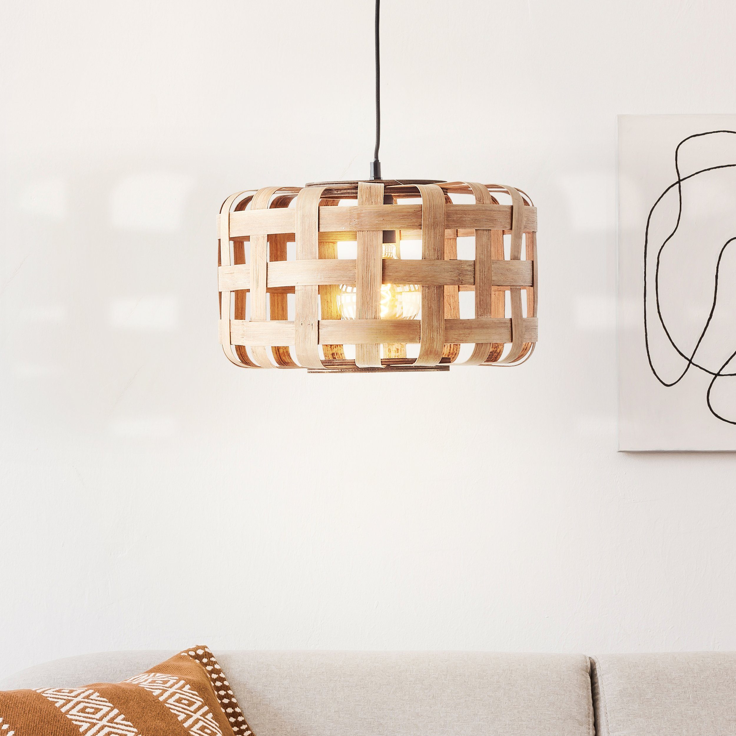 Brilliant Leuchten Hanglamp Woodline 148 x 36 cm, 1 x e27, inkortbaar, kap van bamboe, natuurlijk/zwart