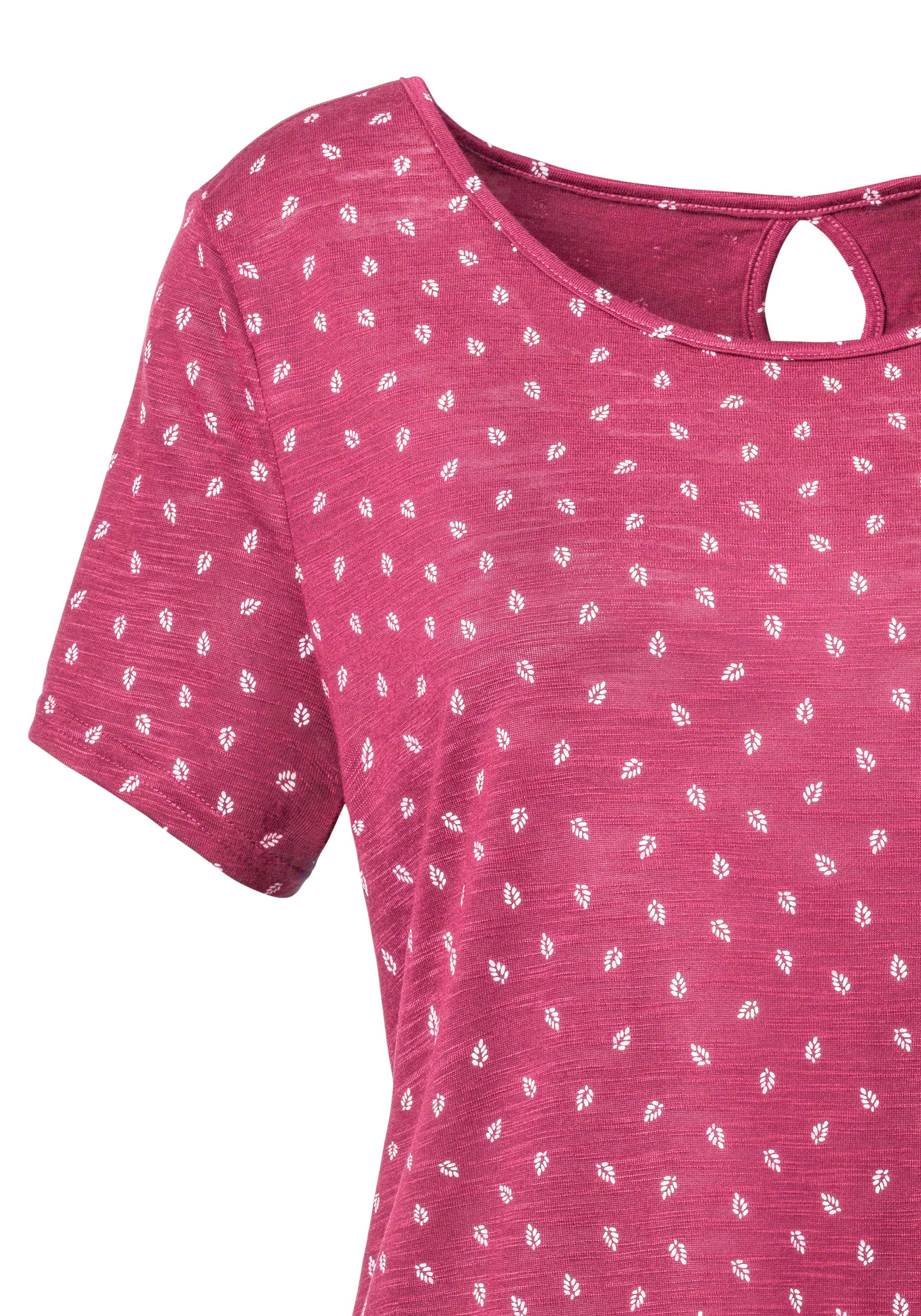 Lascana T-shirt met leuke bladprint en cut-out in de nek (Set van 2)