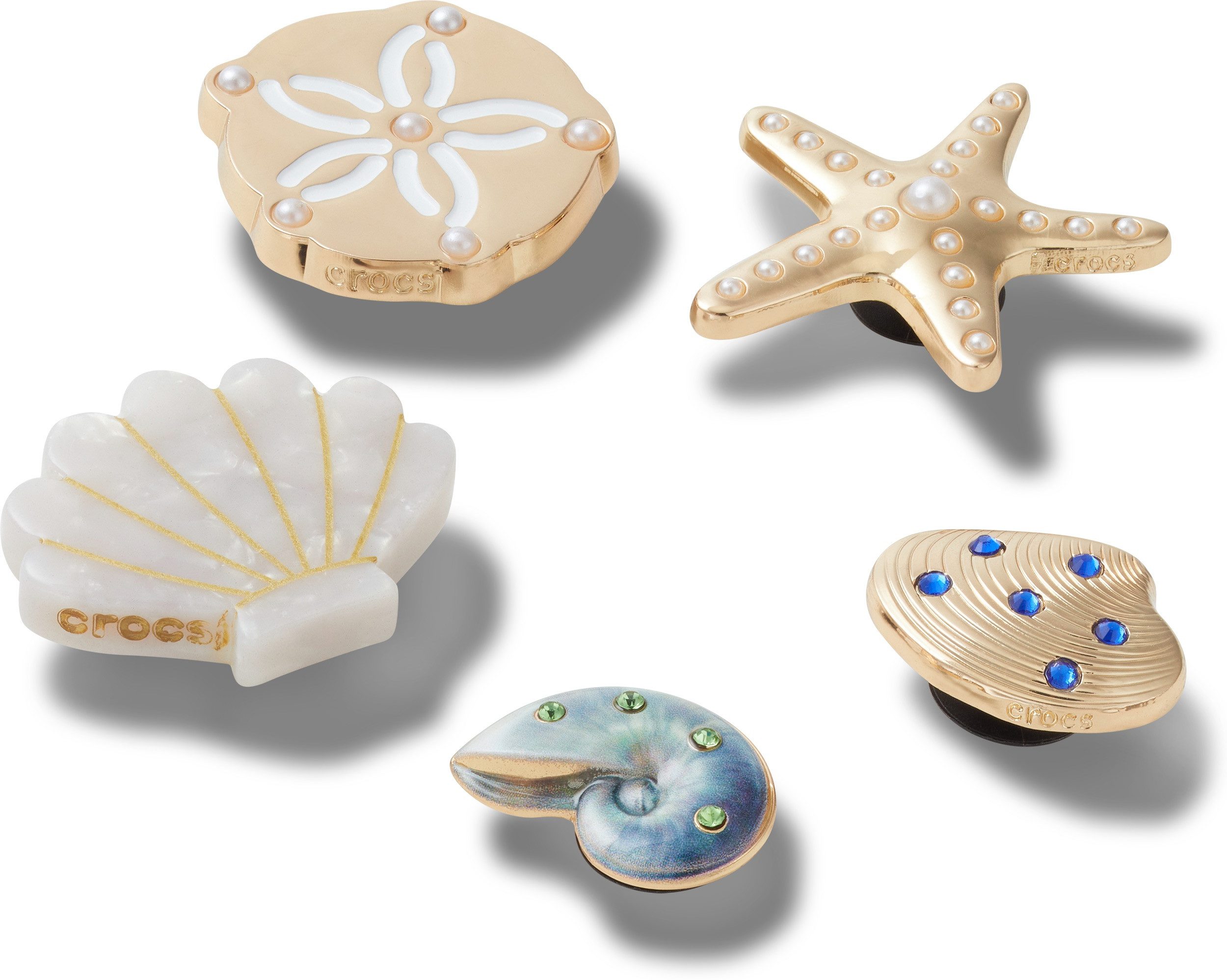 Crocs Schoenbutton Jibbitz™ Gold Seashell , charm, speld voor crocs schoenen (set, 5-delig, Geen speelgoed. Niet geschikt voor kinderen jonger dan 3 jaar)