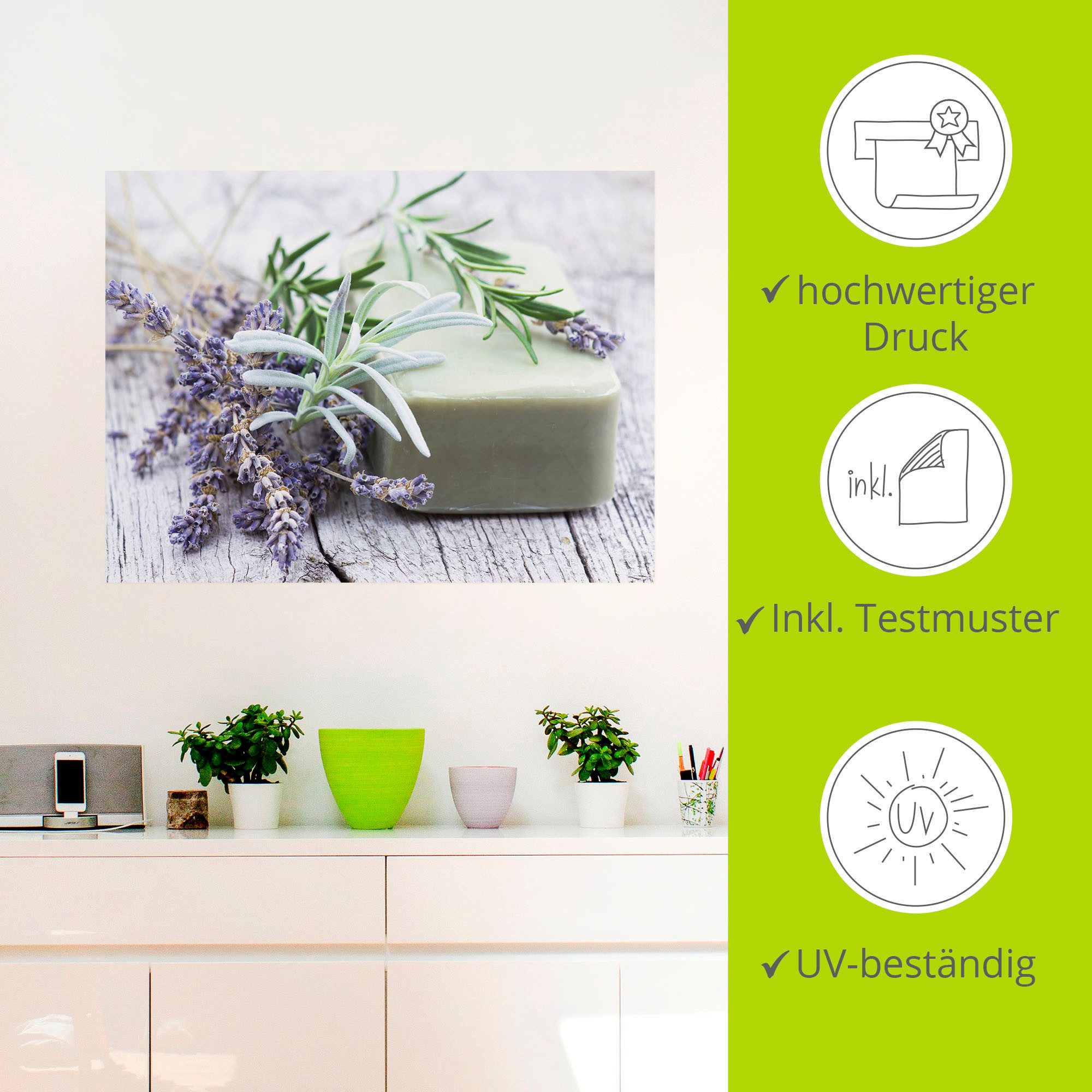 Artland Artprint Stuk natuurlijke zeep met kruiden als artprint op linnen, poster, muursticker in verschillende maten