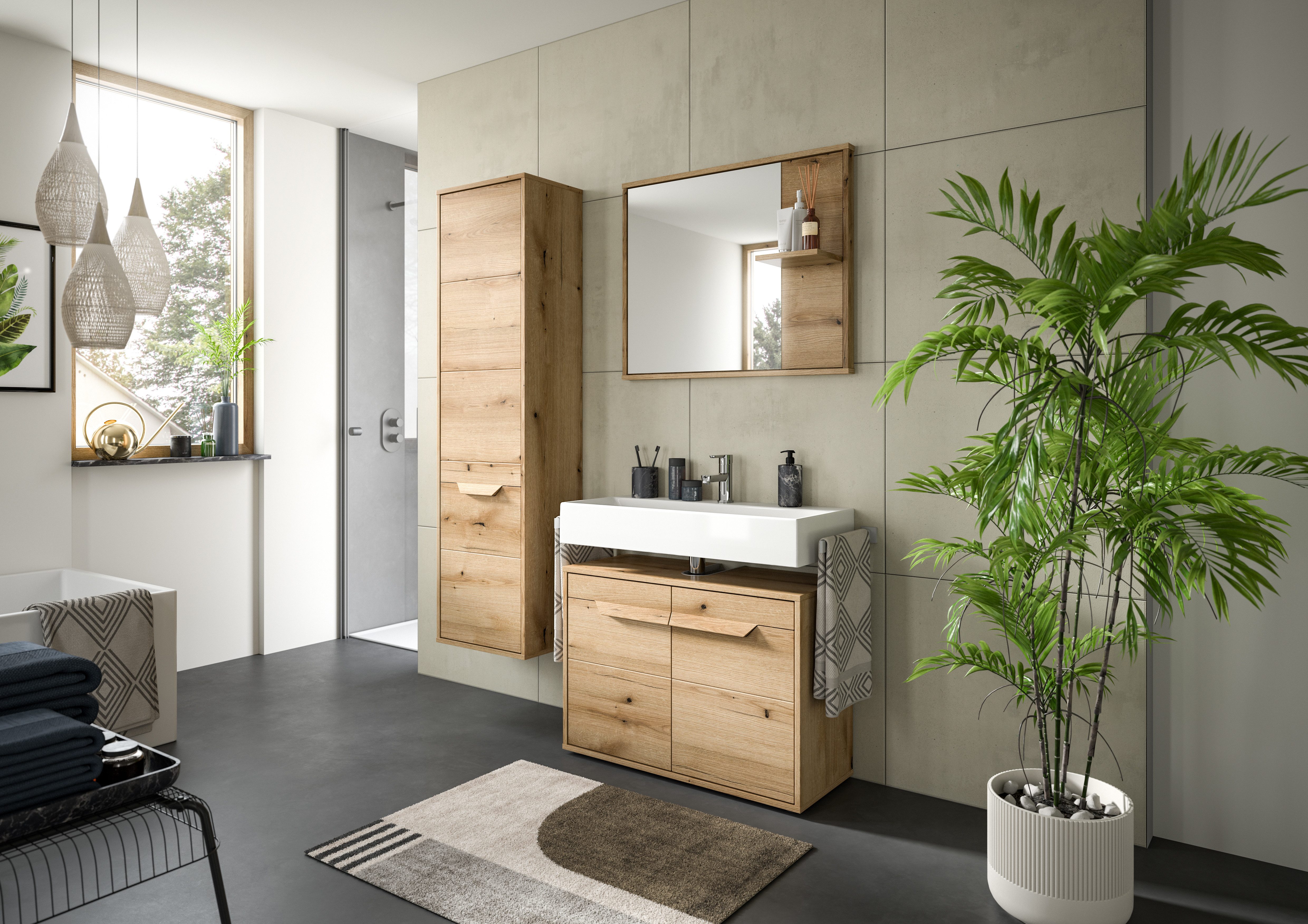 welltime Hoge kast Kayu, hoogte 164 cm, staand/hangend te monteren, 1 deur, 4 planken Deuraanslag verwisselbaar, badkamerkast, badkamermeubels, badkamer, bad
