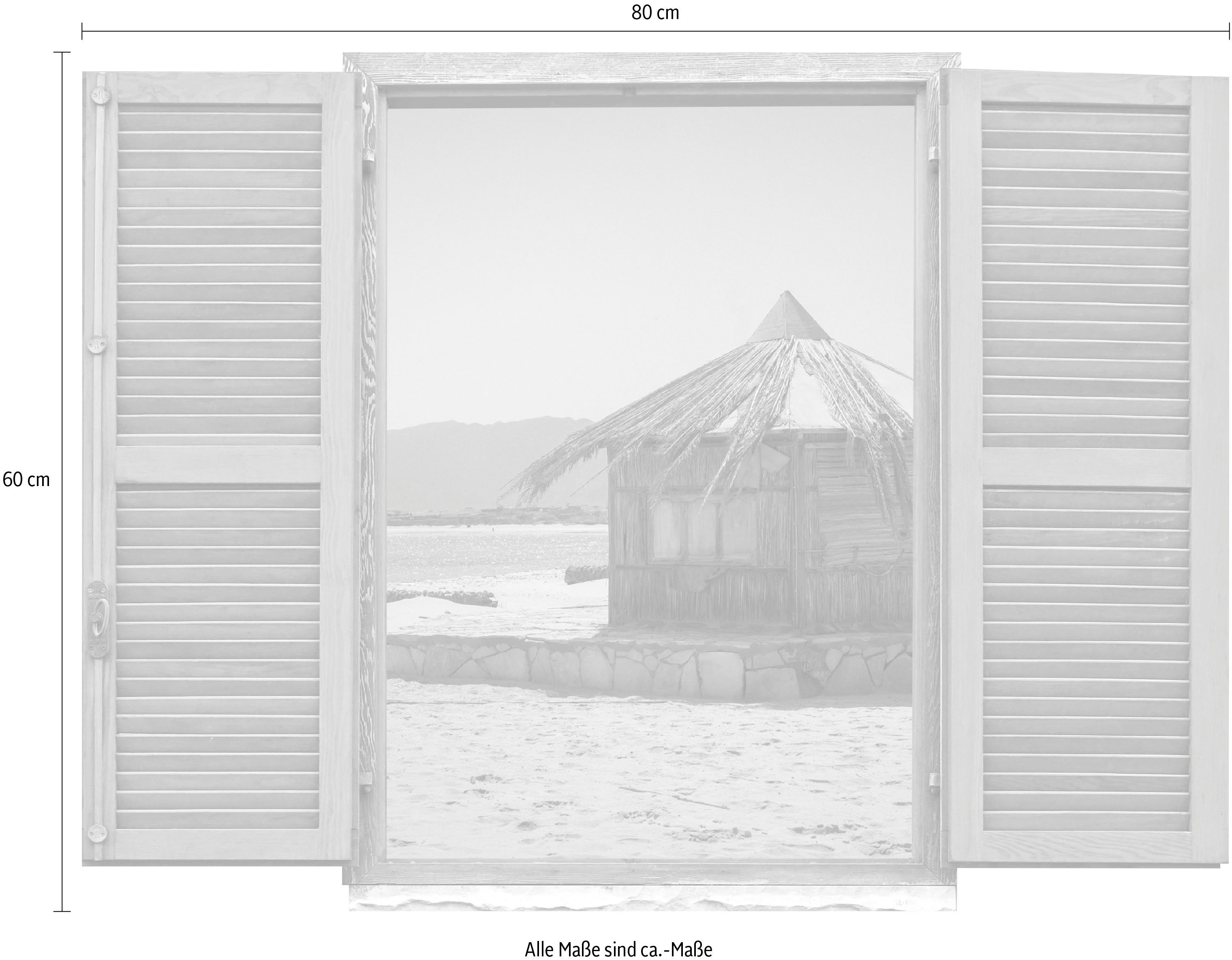 queence Wandfolie Hut aan de zee Muursticker, muurdecoratie, zelfklevend, 3D, raam (1 stuk)