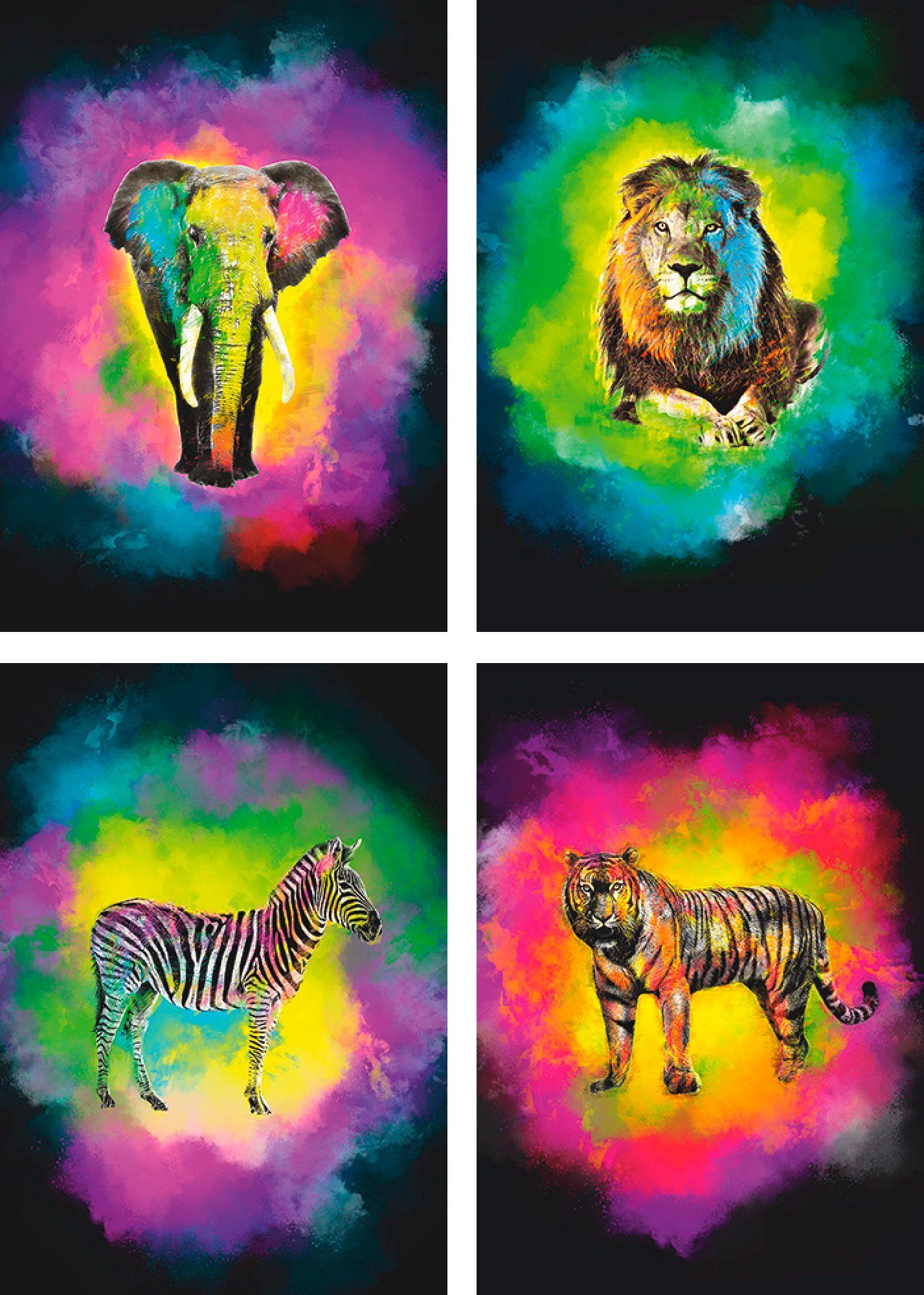 Artland Poster Kleurexplosie olifant leeuw zebra tijger Poster, artprint, wandposter (4 stuks)