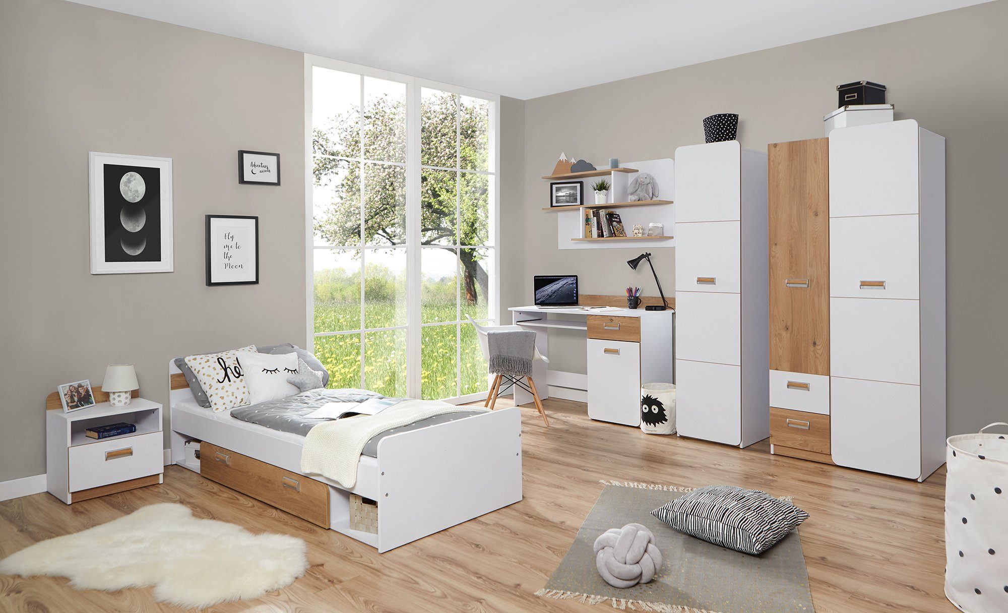 Ticaa Tienerkamerset Lori Bed + kast + bureau + staand rek + wandrek + nachtkastje (set, 6-delig)