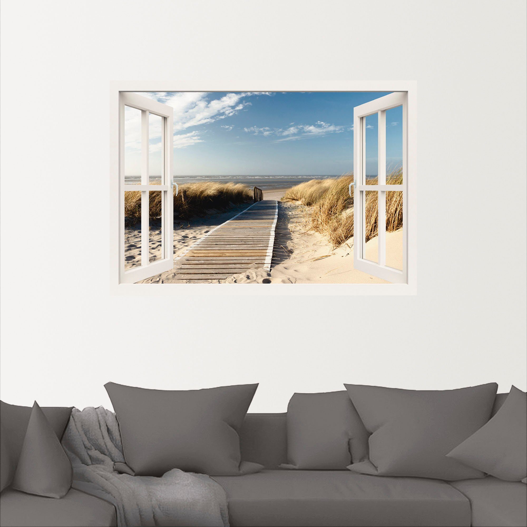 Artland Artprint Blik uit het venster Noordzeestrand op Langeoog als artprint op linnen, poster, muursticker in verschillende maten