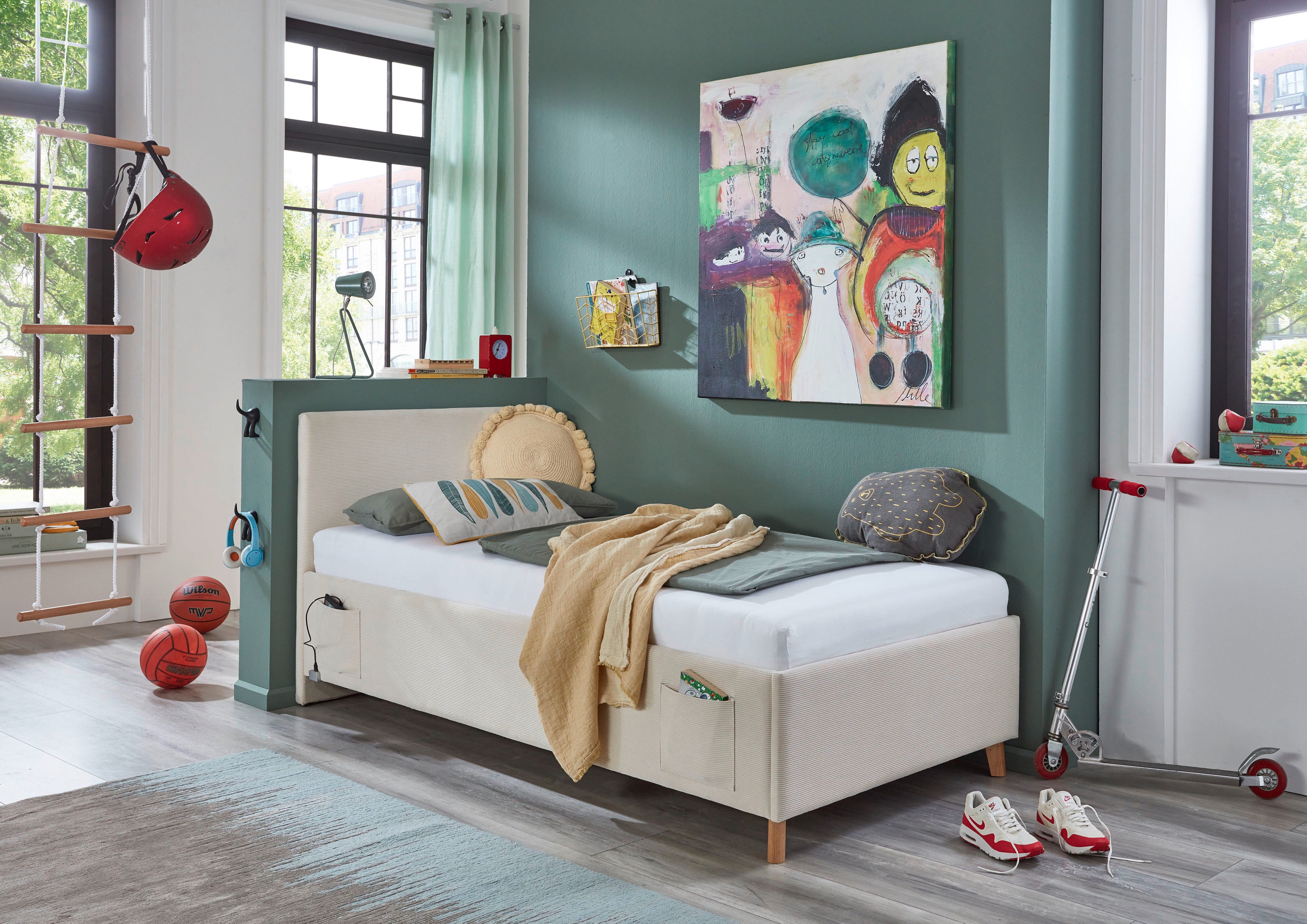 meise.möbel Kinderledikant Blauw Bekleed bed naar keuze met bedkist, tienerbed inclusief USB-aansluiting eenpersoonsbedden beige