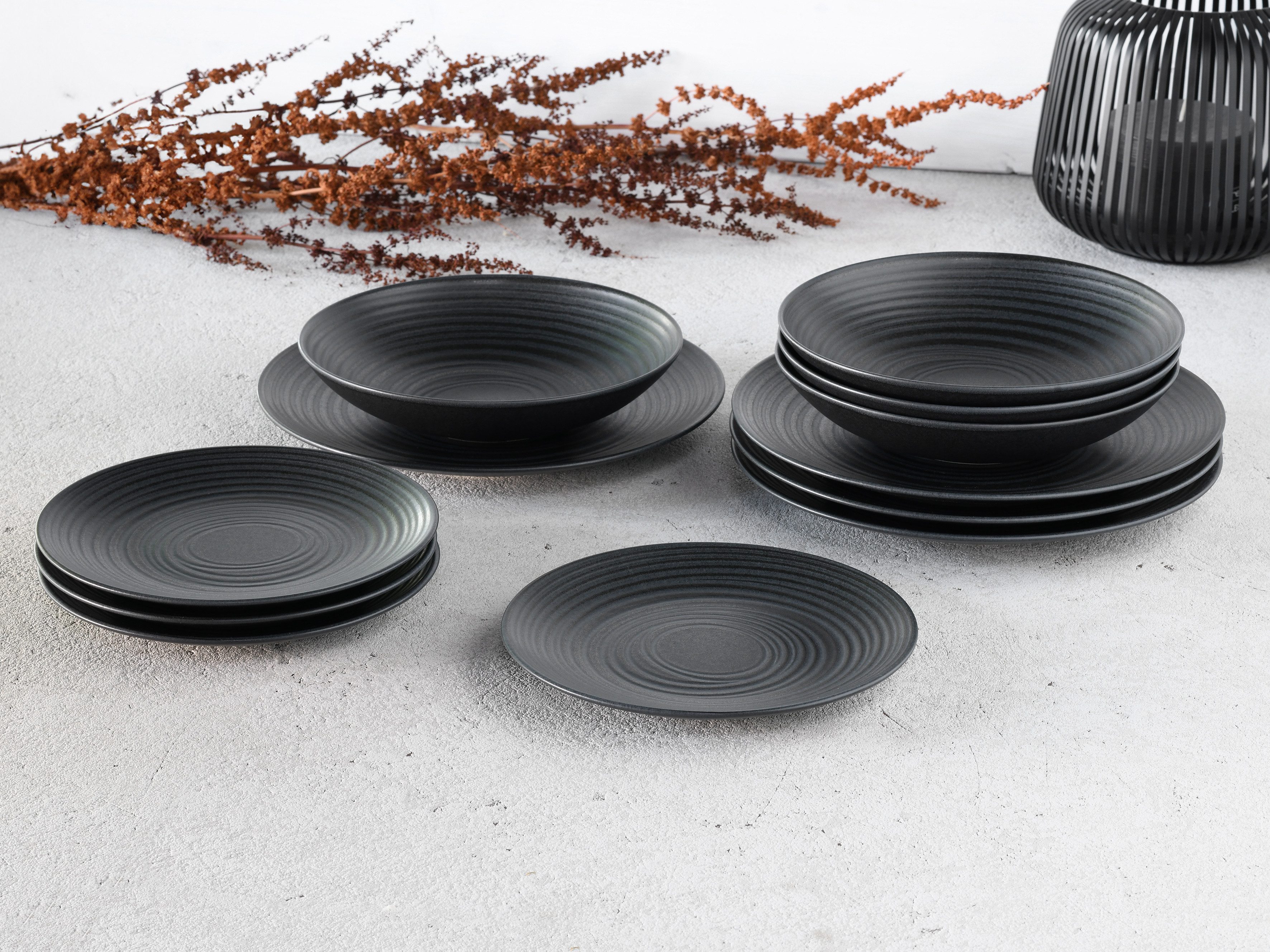 CreaTable Eetservies Servies-set Lava Stone Servies, zwart, reliëfdecor, Made in Europe, 12 delen voor 4 personen (set, 12-delig)