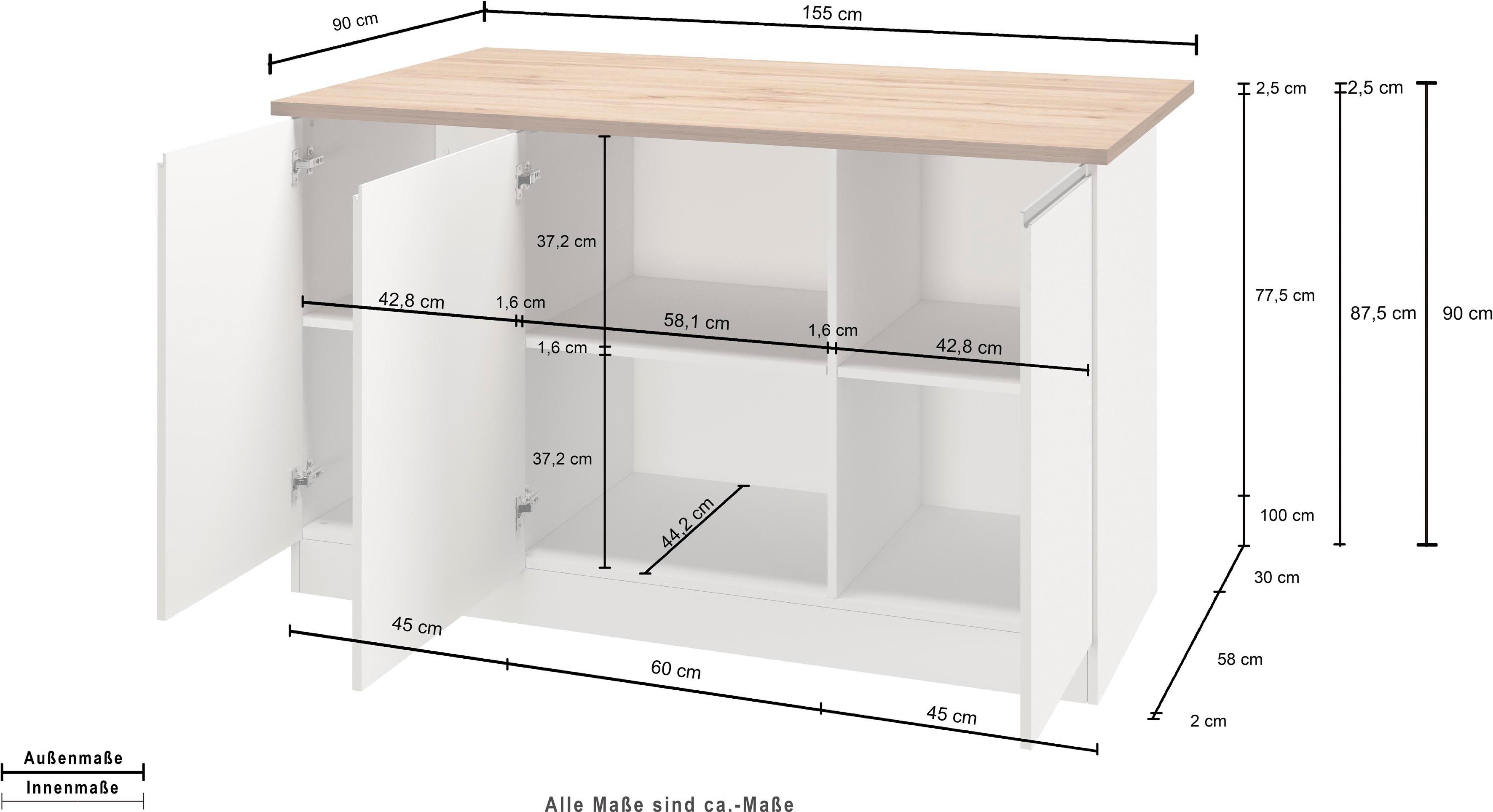 Kochstation Kookeiland KS-Sole, keukeneiland Breedte 155 cm, 3 deuren