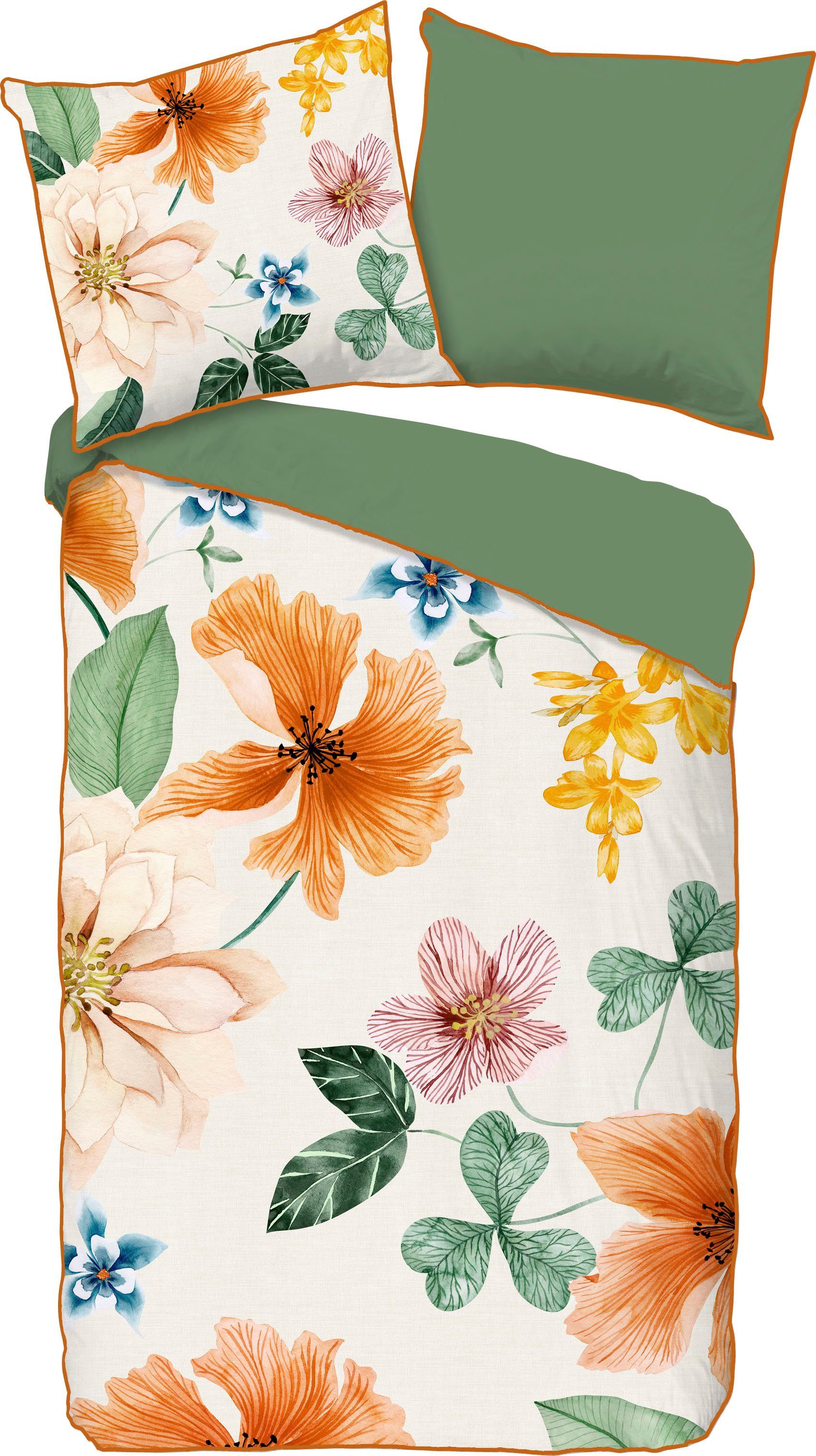 Descanso Tweezijdig te gebruiken overtrekset Annabelle Katoen, Satijn, 135x200, Bies, Rits, Omkeerbaar, Bloemen