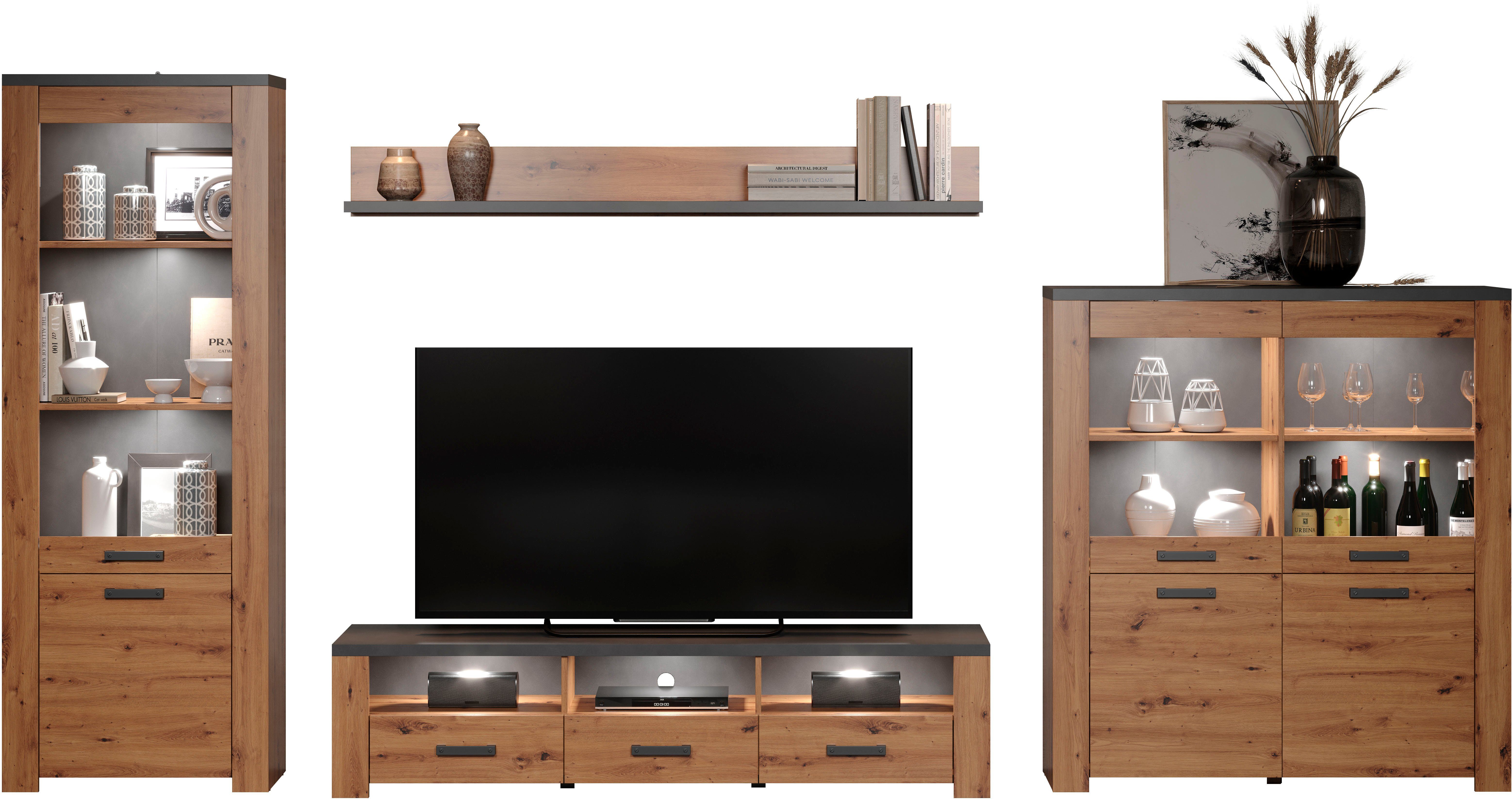 Home affaire Tv-wandmeubel Ambres Moderne tv-set, echt-hout-look, breedte ca. 409 cm, mat (4-delig)