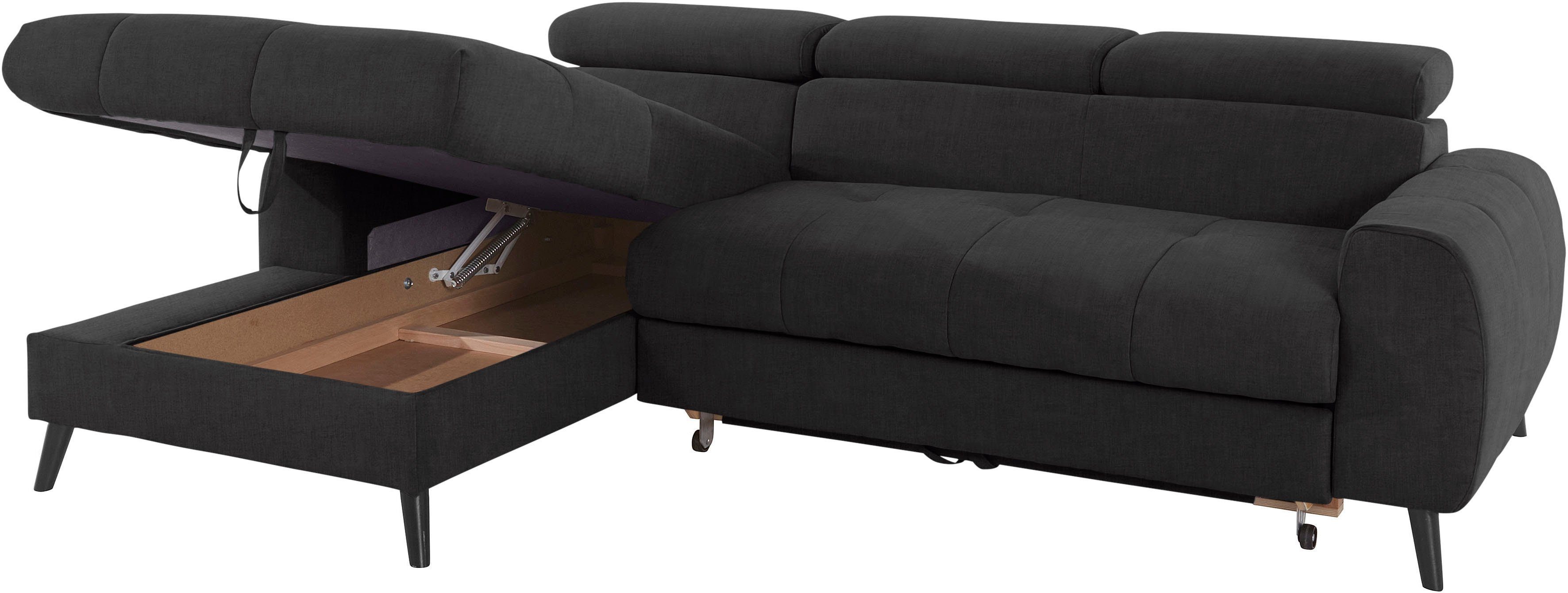COTTA Hoekbank Mia L-vorm met 3 sierkussens keuze met bedfunctie, bedlade, verlichting & draadloze oplader