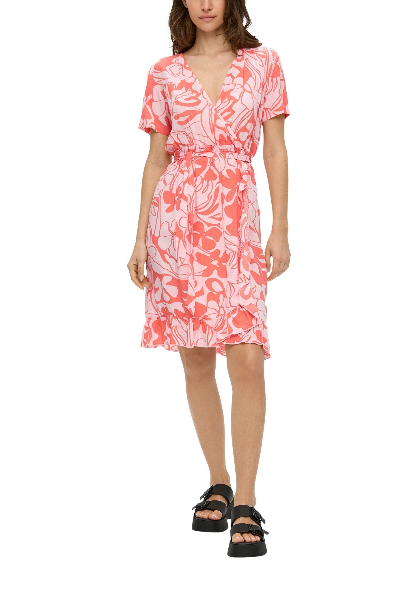Q S by s.Oliver jurk met all over print en ruches roze rood
