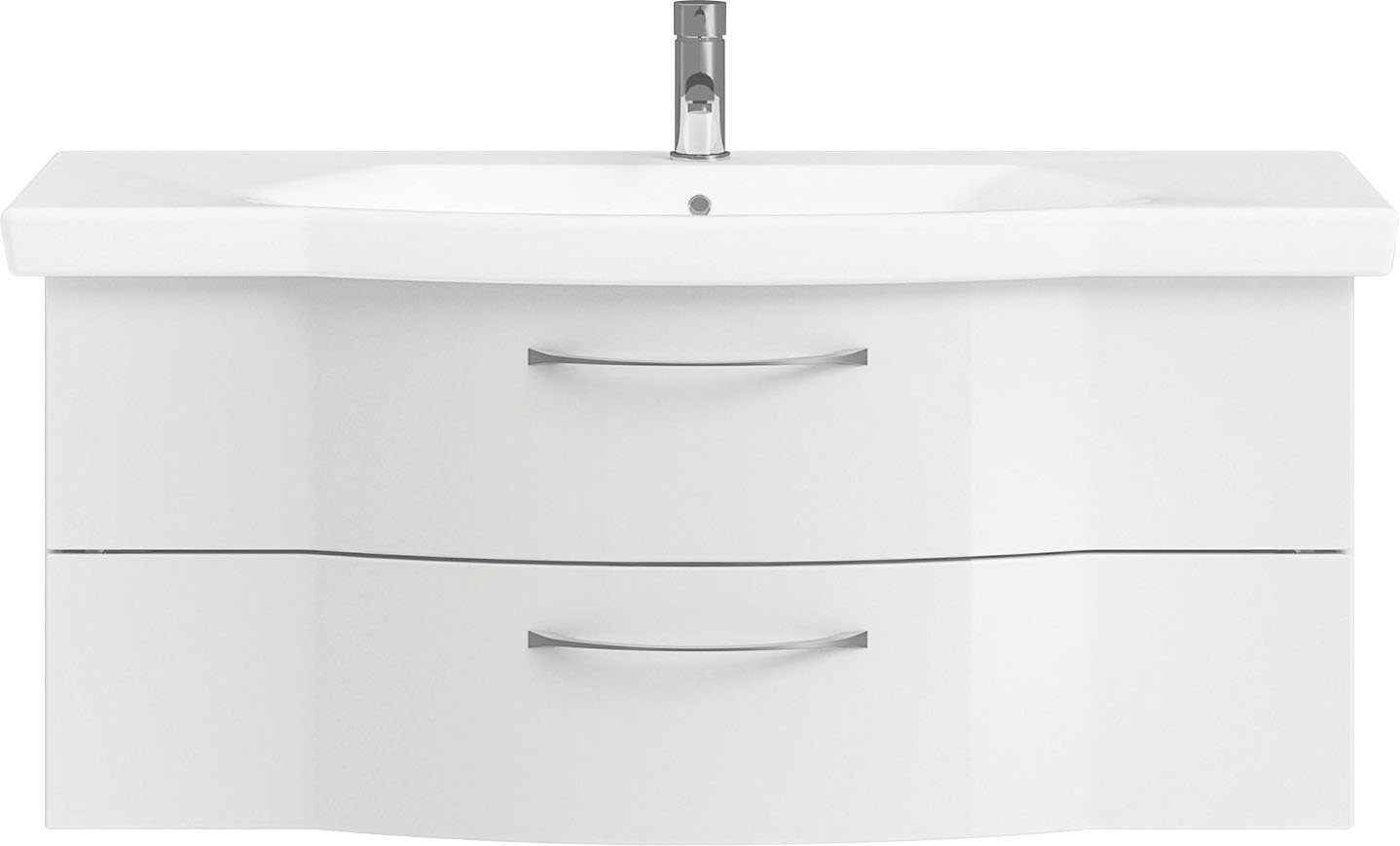 Saphir Badkamerserie 6005 sprint keramiek-wastafelonderkast met led-spiegelkast, 122 cm breed Wastafelmeubel inclusief deurdemper, 3 deuren, 2 laden, wastafelonderkast set (2-delig)
