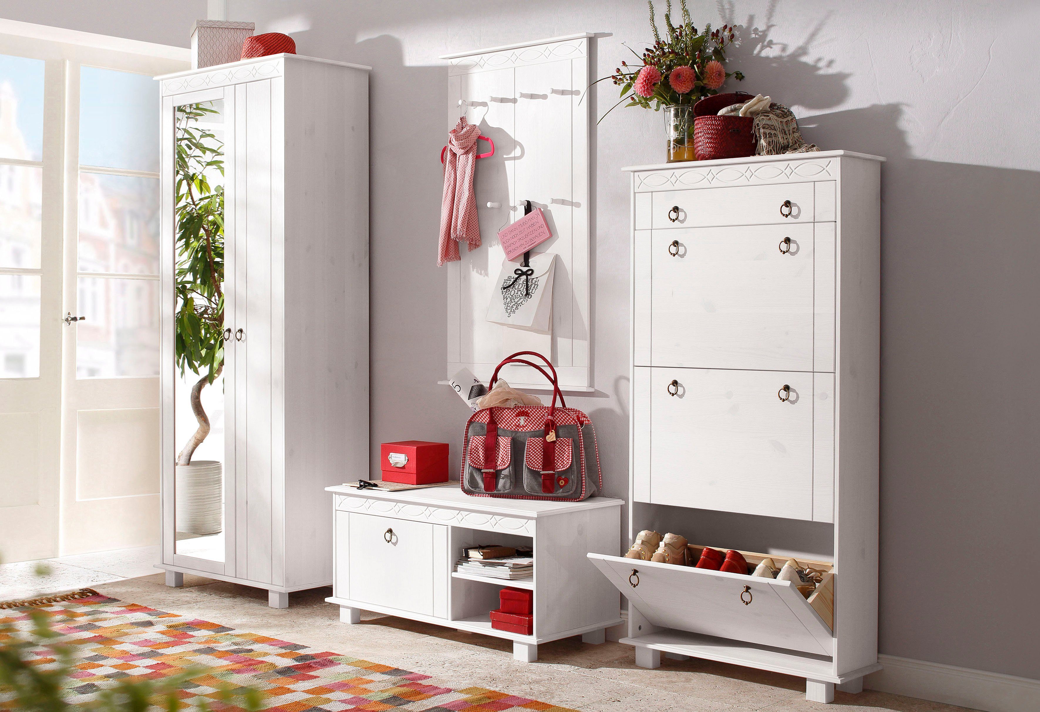 Home affaire Halmeubelset Indra 4-delig set: schoenenbank, paneel, spiegel, commode, massief dennenhout (set, 4-delig)
