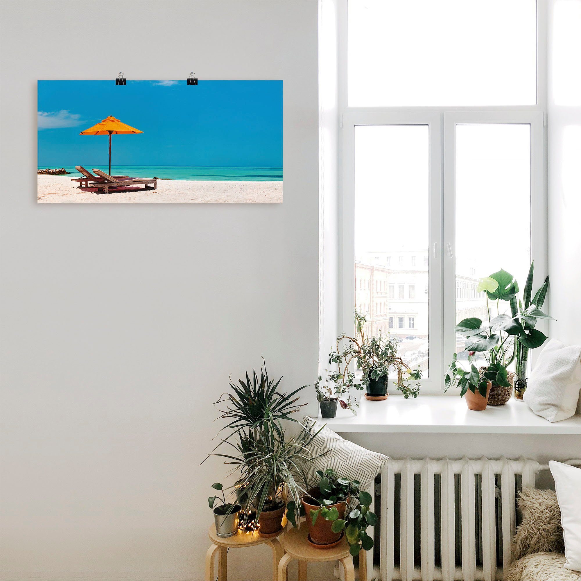 Artland Artprint Ligstoel parasol strand Malediven als artprint van aluminium, artprint voor buiten, artprint op linnen, poster, muursticker