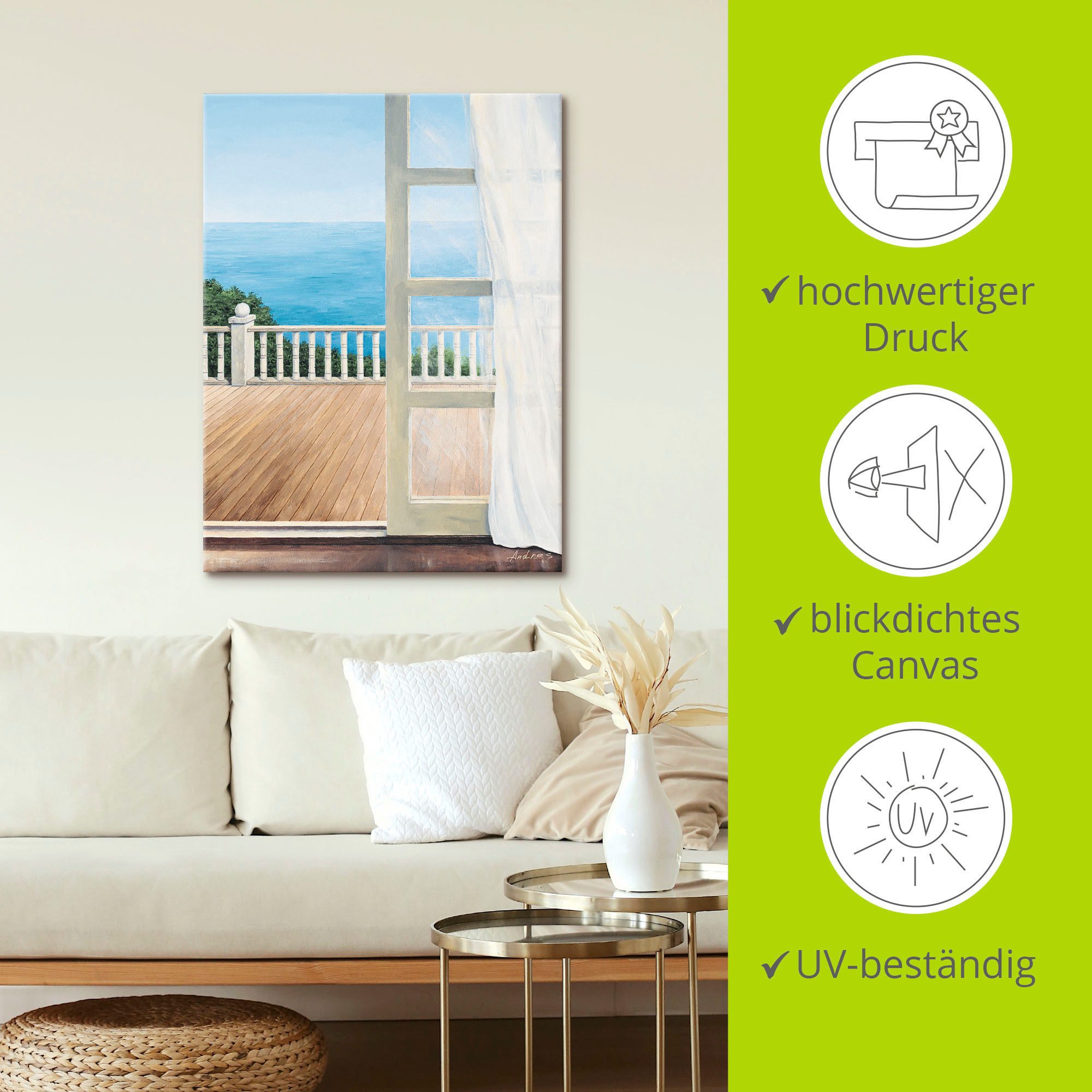 Artland Poster Veranda met zeezicht gespannen op een spieraam
