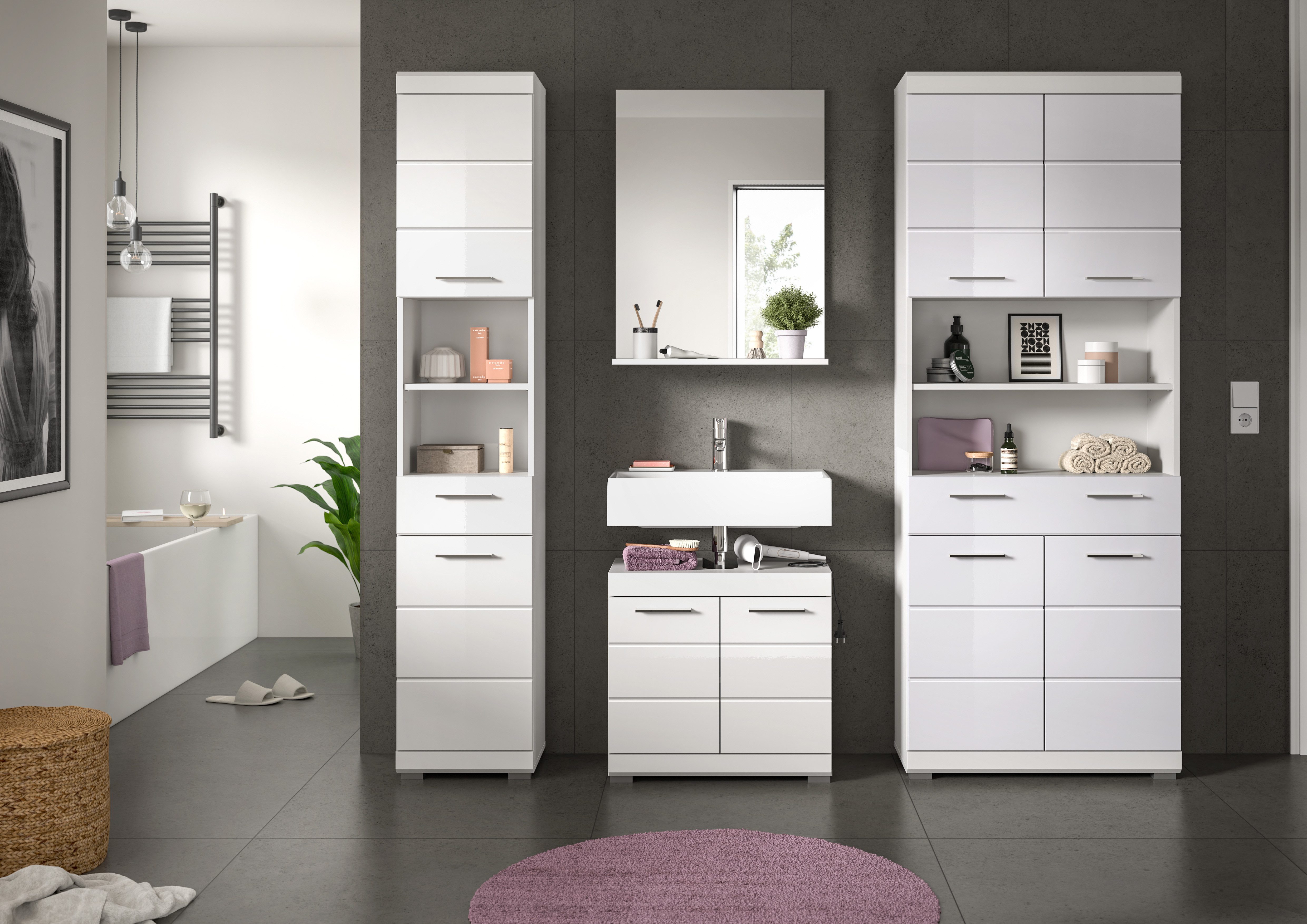INOSIGN Badkamerserie Siena, 4-delig, bestaande uit: Hoge kast, wastafelonderkast, badkamer spiegel, brede hoge kast (set, 4-delig)