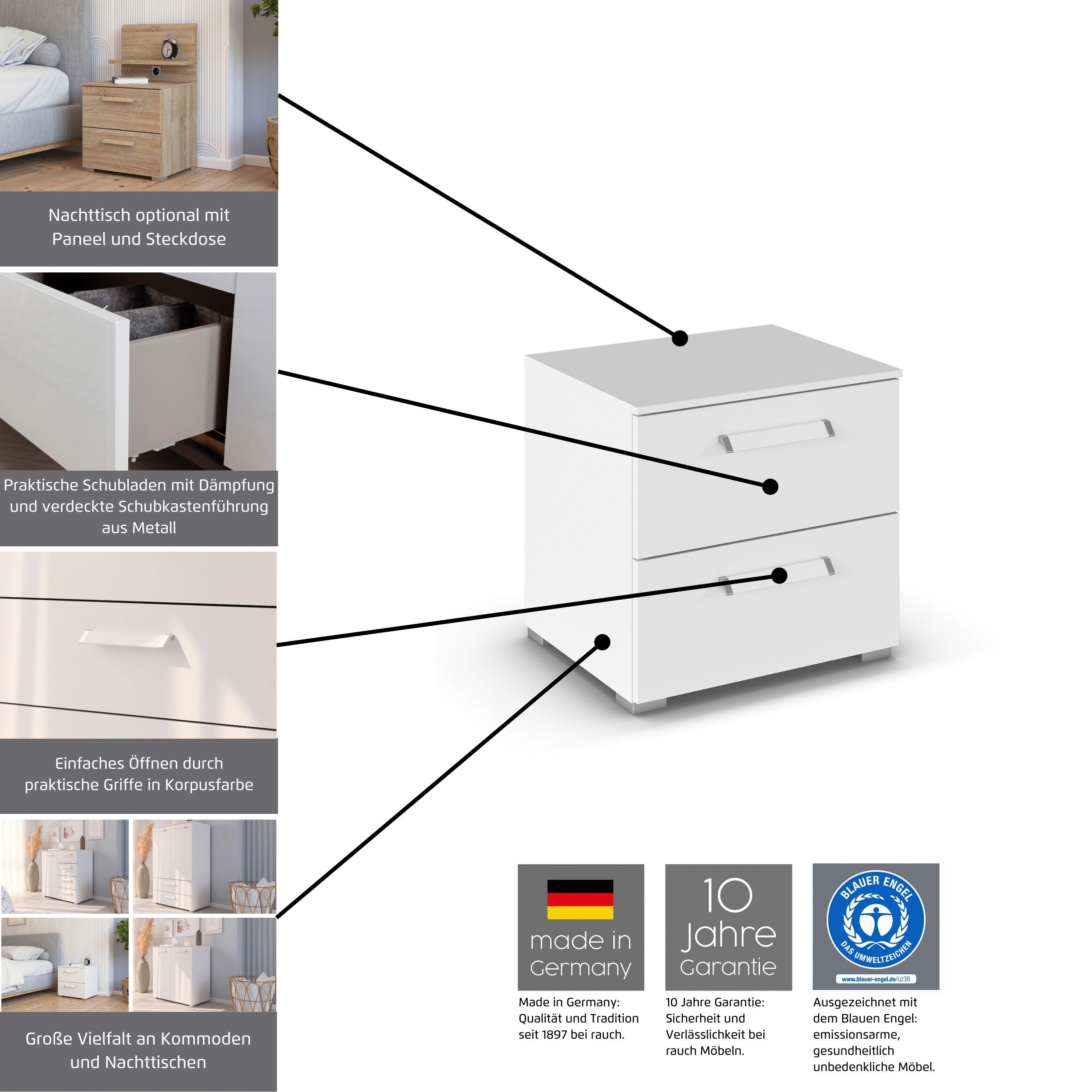 rauch Nachtkastje Nachtconsole Commode EVELYN in elegante stijl 2 ladenpaneel met stopcontact made in germany